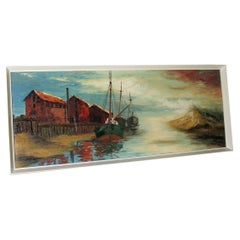 Pittura ad olio di Ron Moore intitolata "Capannoni per le aringhe", un'opera che rappresenta la vivacità del mare e dell'ormeggio.