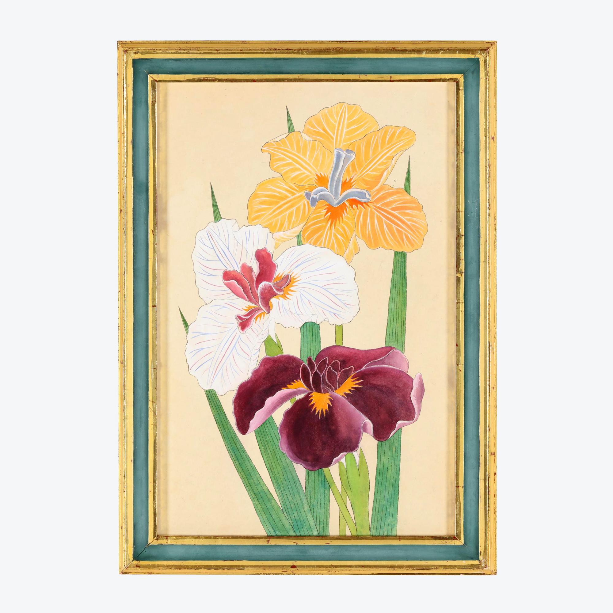 Lebendiger Satz von sechs Aquarellbildern von Schwertlilien im Zustand „Gut“ im Angebot in Downingtown, PA