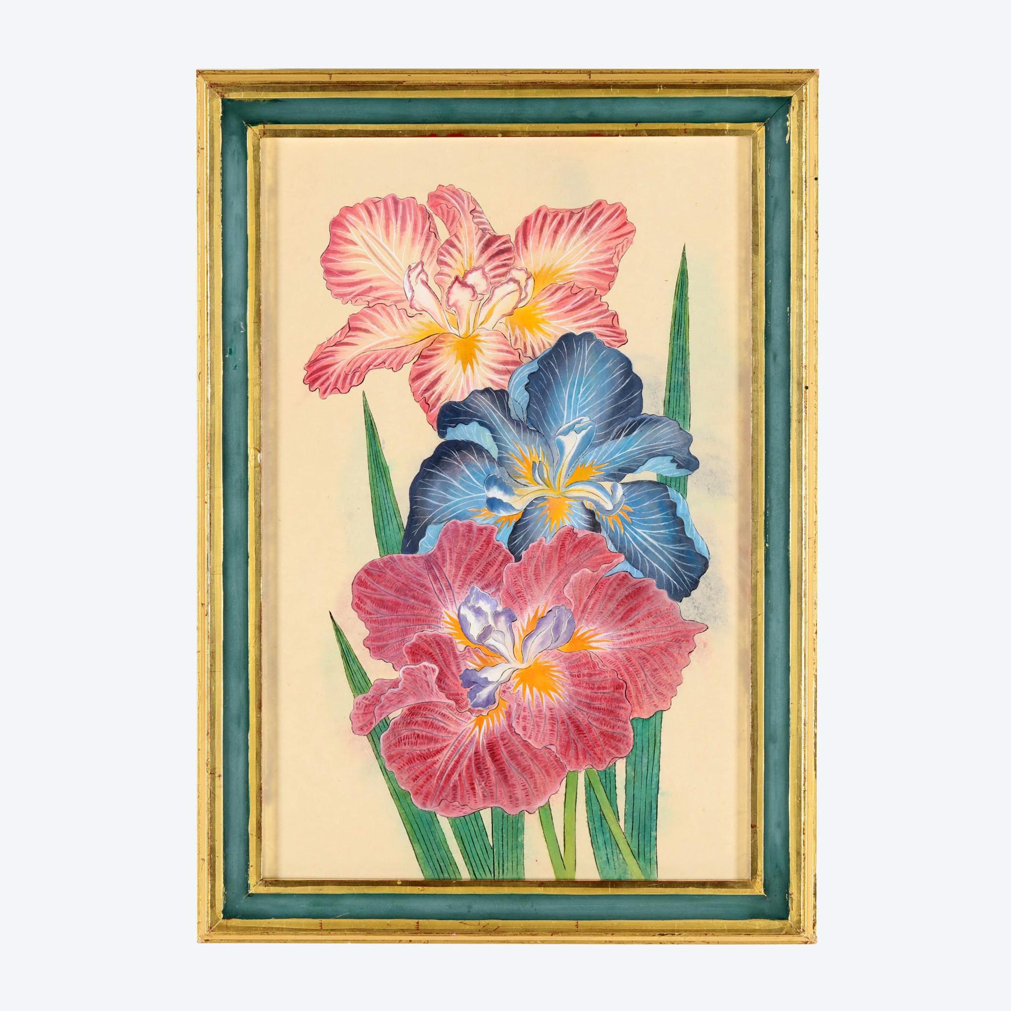 Lebendiger Satz von sechs Aquarellbildern von Schwertlilien im Angebot 1