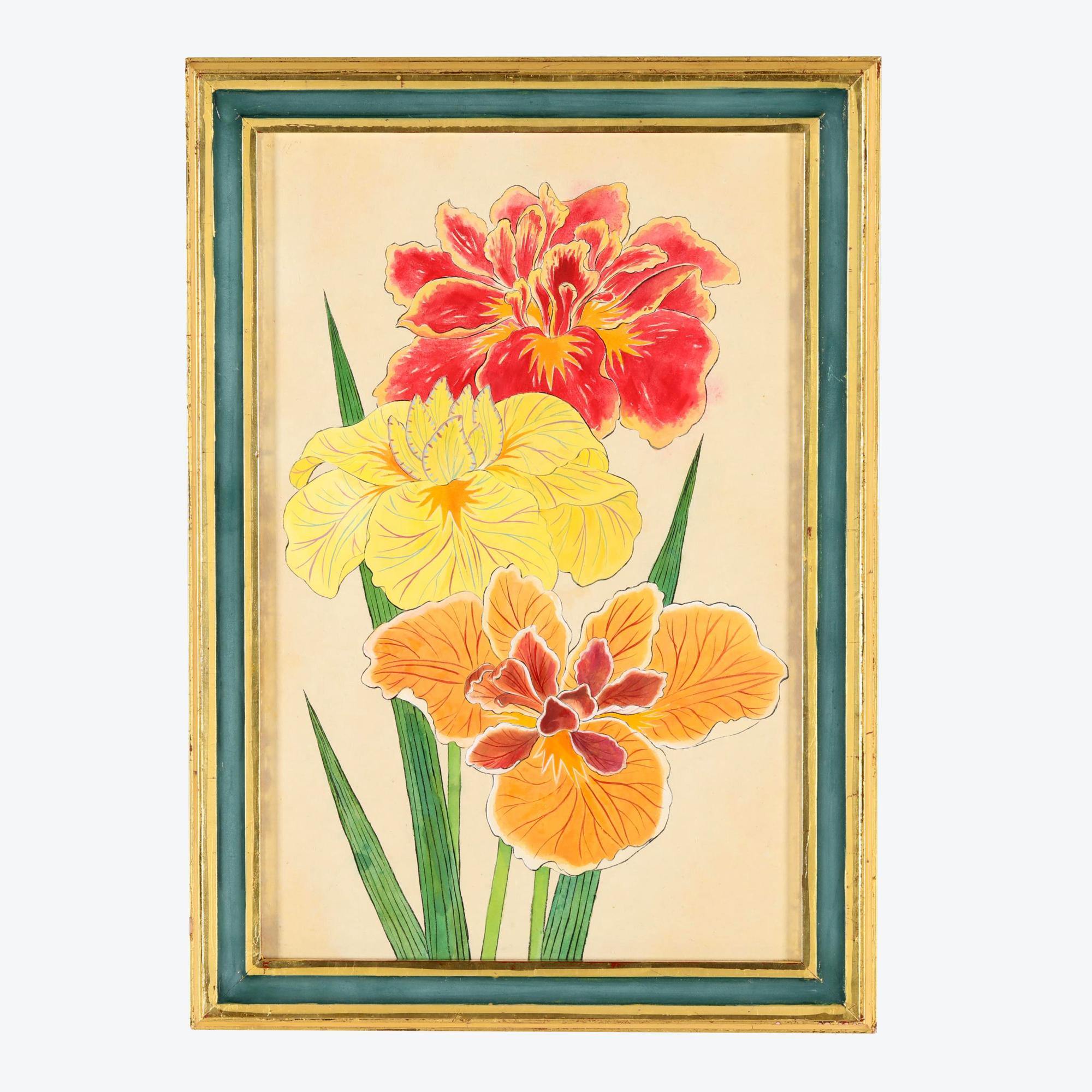 Lebendiger Satz von sechs Aquarellbildern von Schwertlilien im Angebot 2