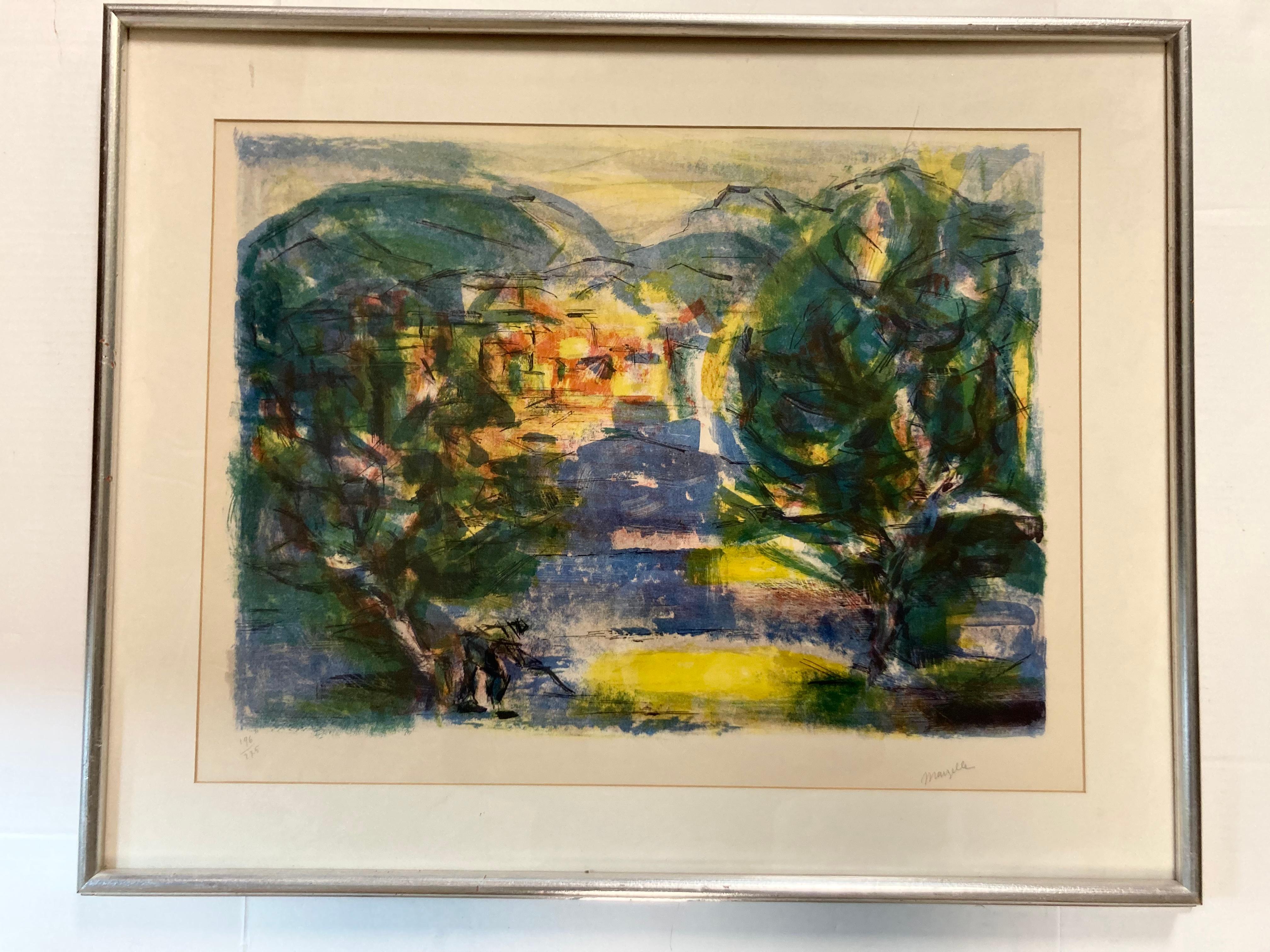 Lebendige signierte Lithographie einer abstrakten Landschaft aus der Mitte des Jahrhunderts im Angebot 7