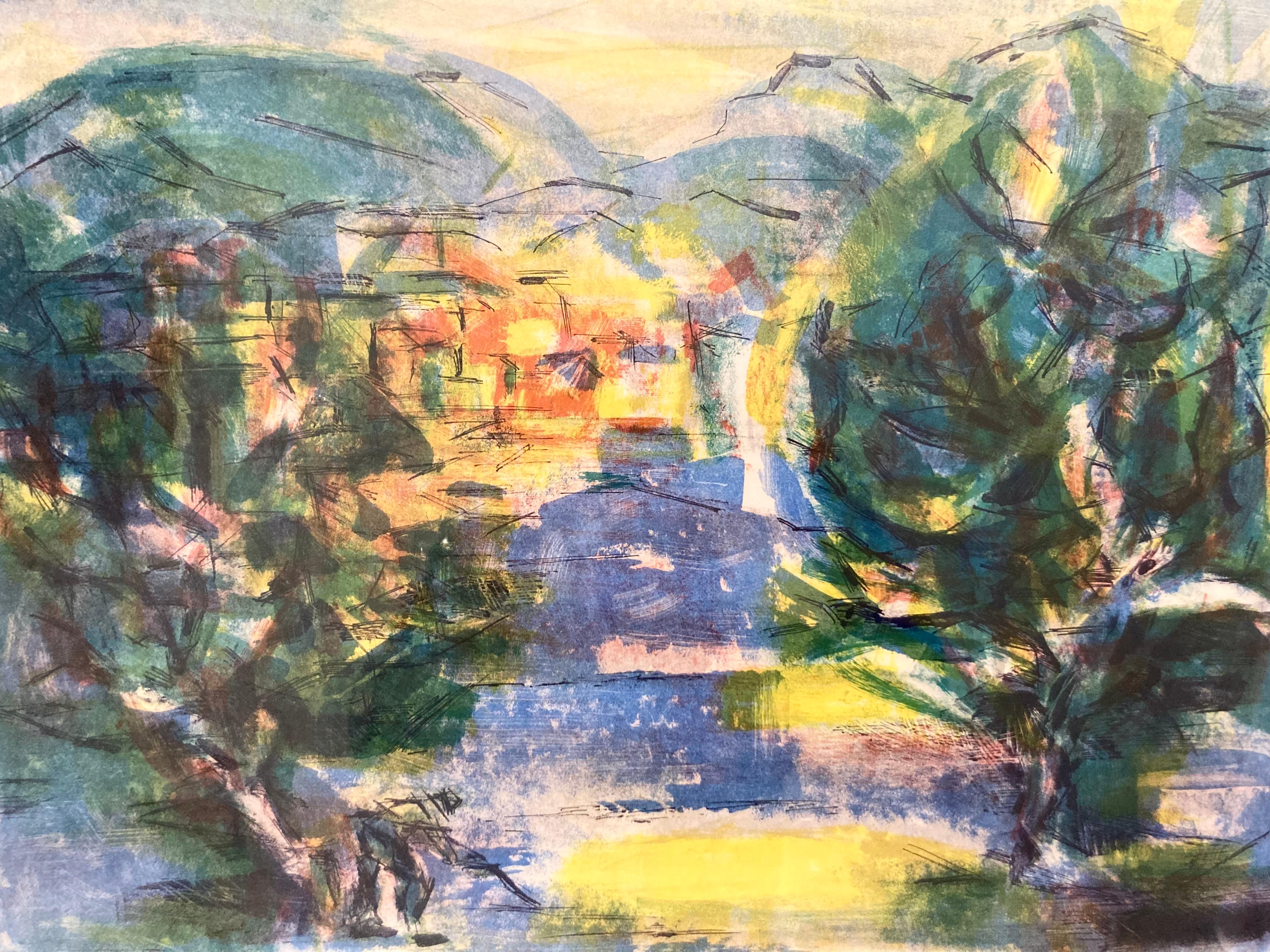 Lebendige signierte Lithographie einer abstrakten Landschaft aus der Mitte des Jahrhunderts (Moderne der Mitte des Jahrhunderts) im Angebot
