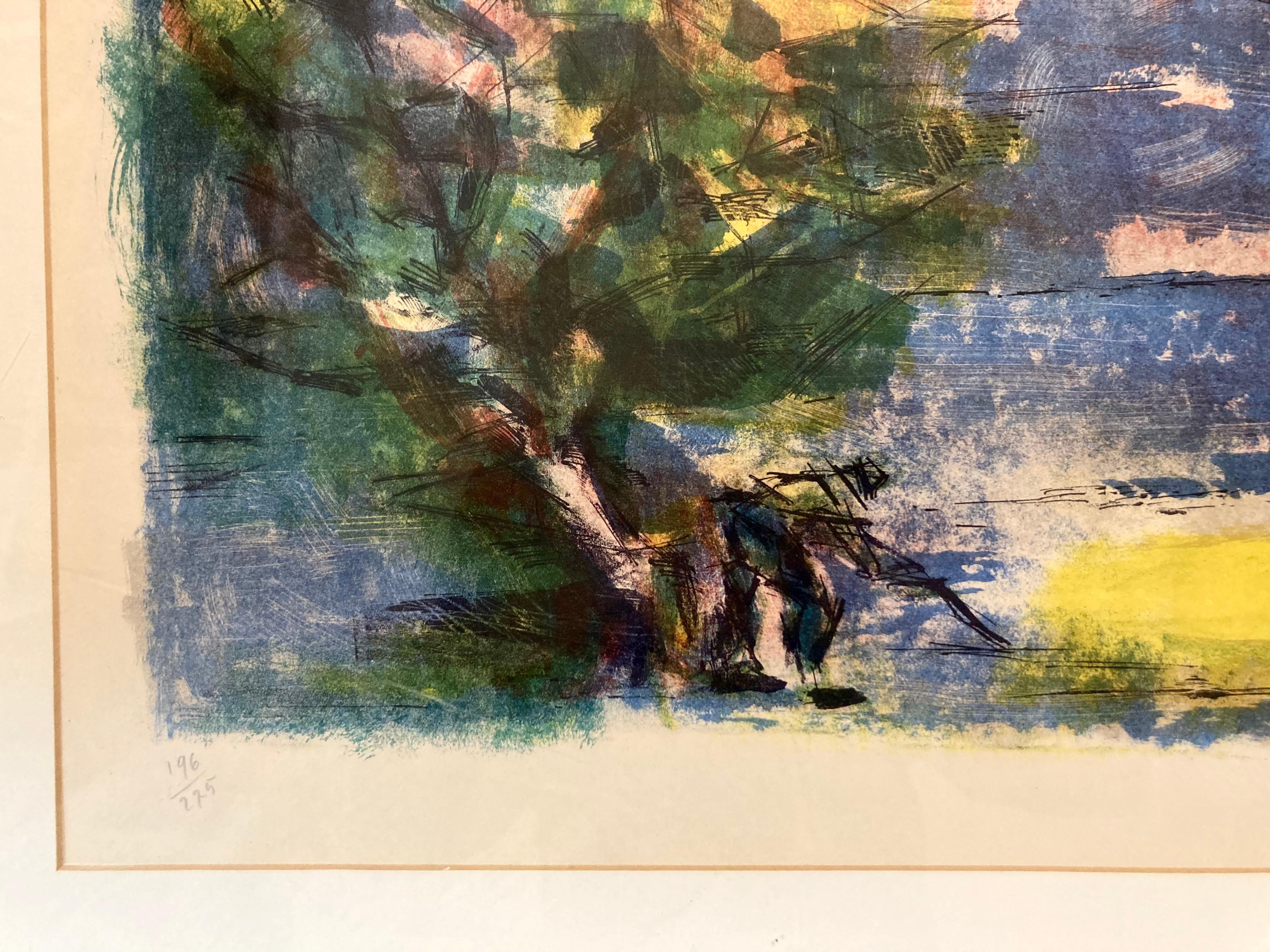 Lebendige signierte Lithographie einer abstrakten Landschaft aus der Mitte des Jahrhunderts im Zustand „Starke Gebrauchsspuren“ im Angebot in Bridgeport, CT