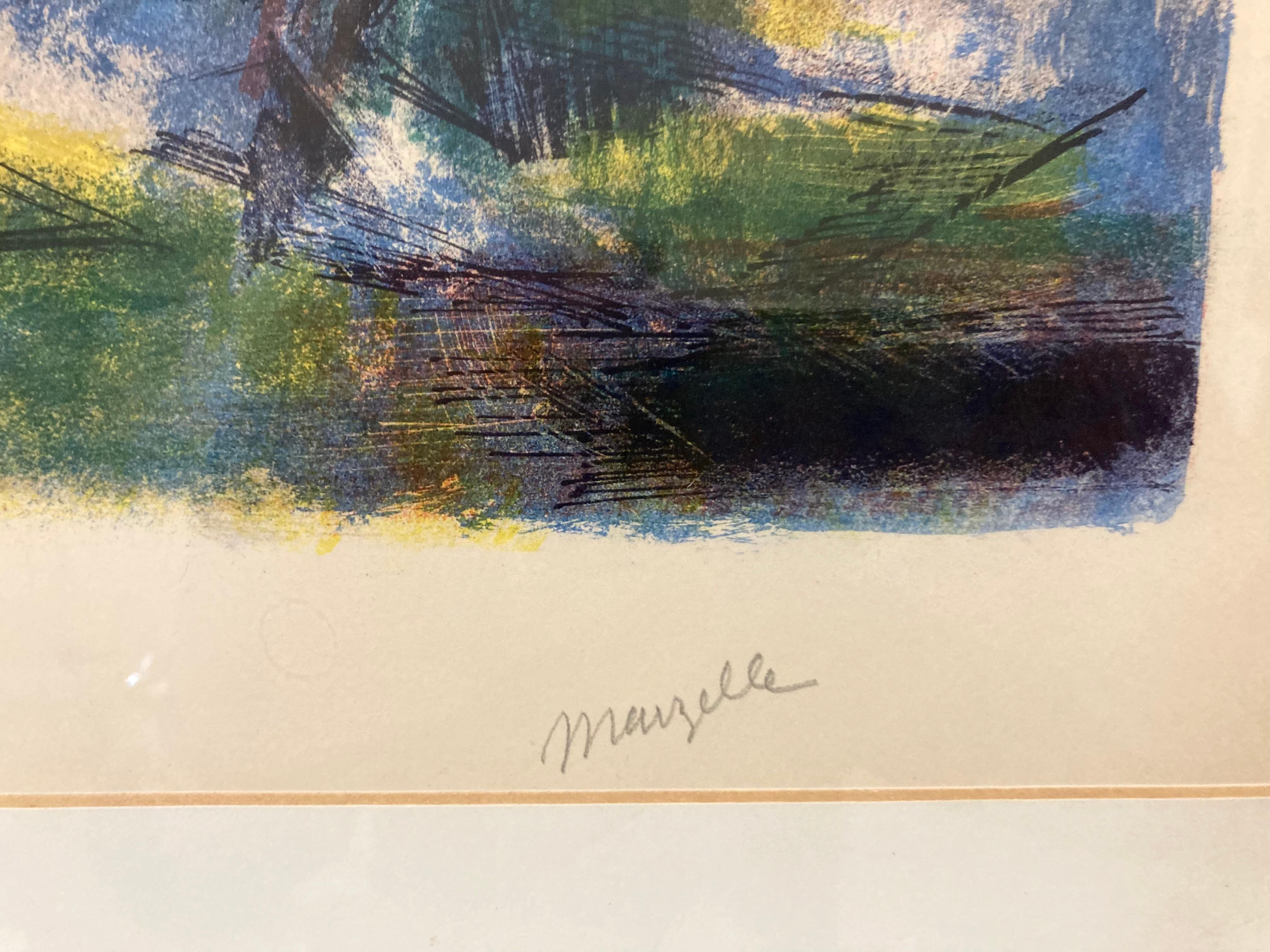 Lebendige signierte Lithographie einer abstrakten Landschaft aus der Mitte des Jahrhunderts (20. Jahrhundert) im Angebot