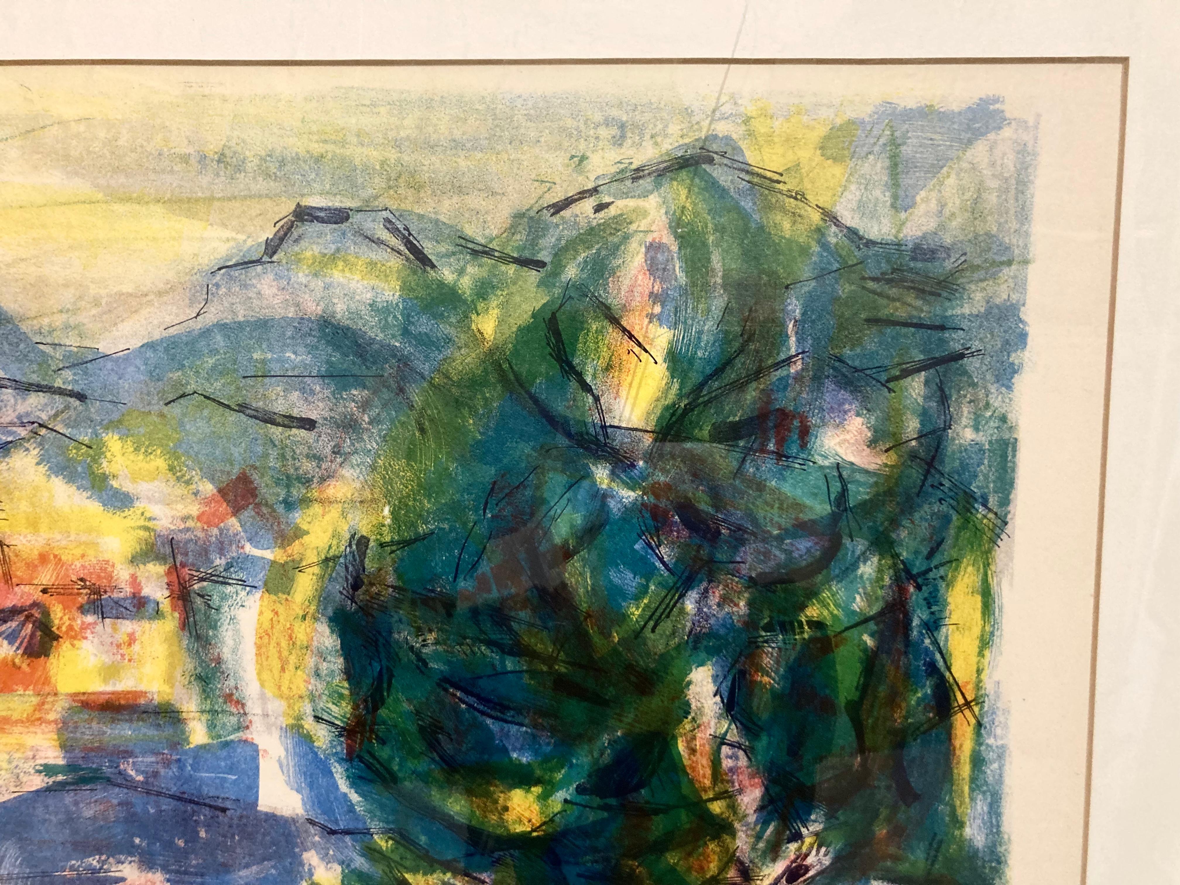 Lebendige signierte Lithographie einer abstrakten Landschaft aus der Mitte des Jahrhunderts (Acryl) im Angebot