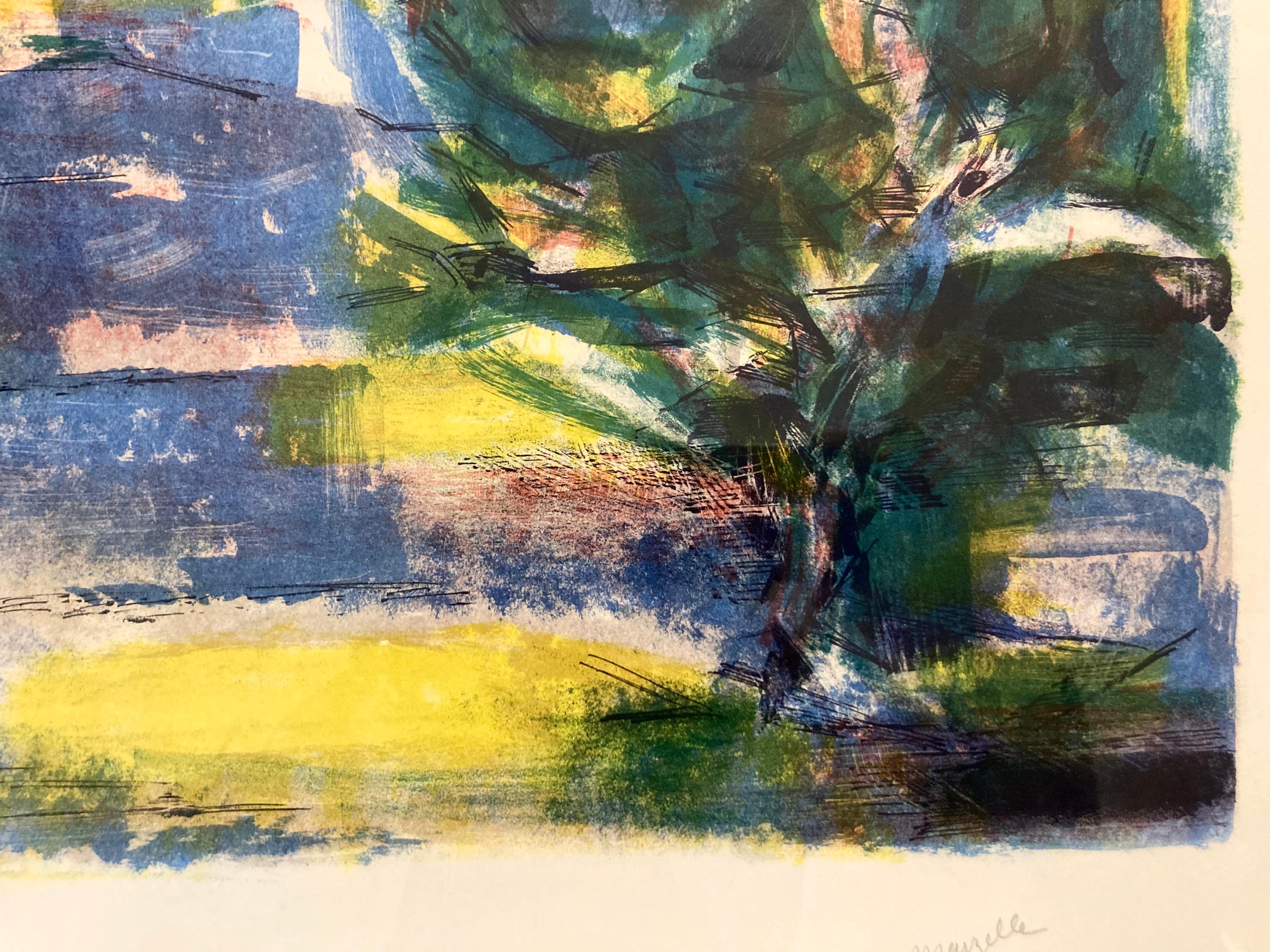 Lebendige signierte Lithographie einer abstrakten Landschaft aus der Mitte des Jahrhunderts im Angebot 1