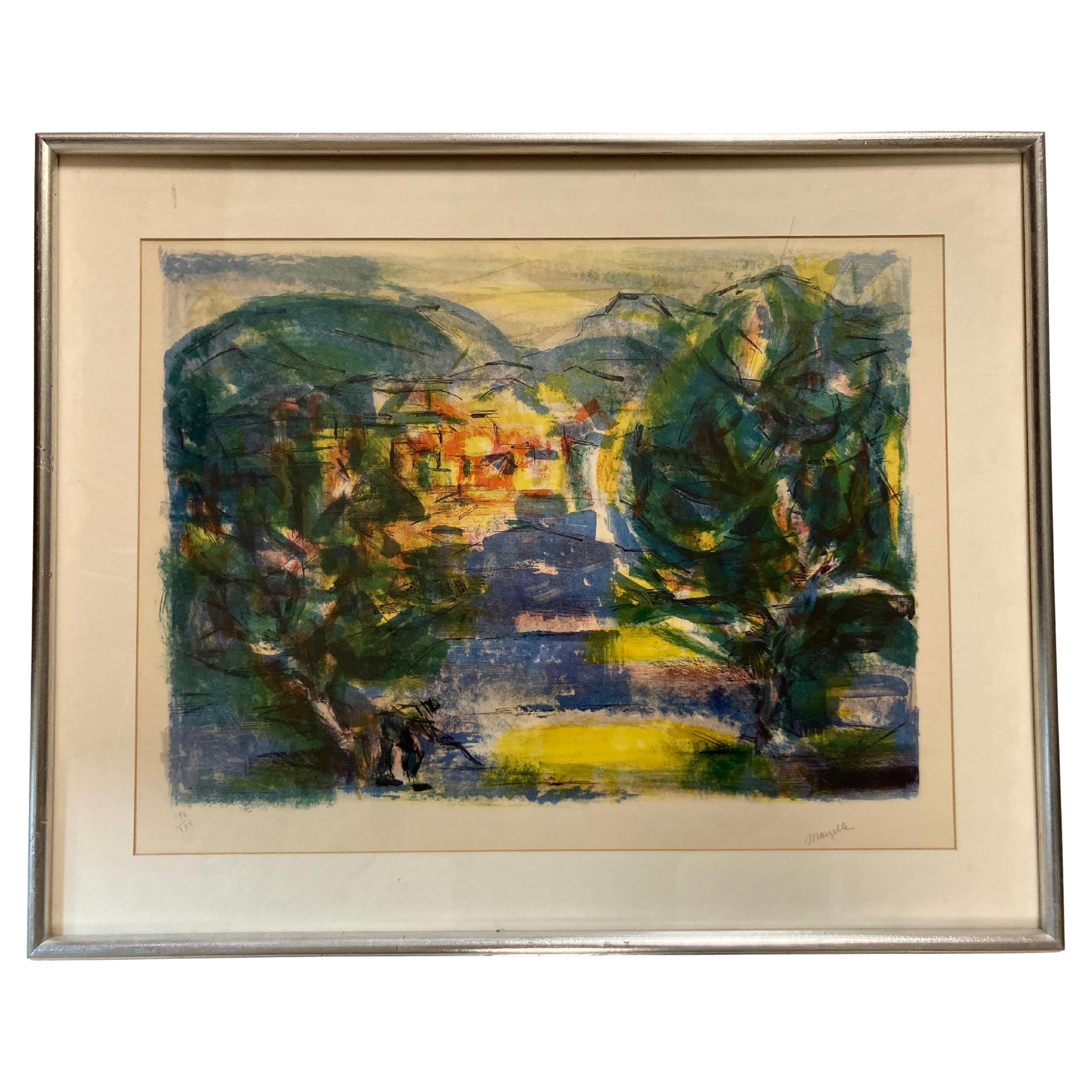 Vibrante litografía firmada de mediados de siglo de un paisaje abstracto