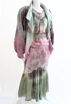 Silk Tie-Dye Suit Bomber Jacket Top Skirt and Belt 4 Piece Set, 1980s