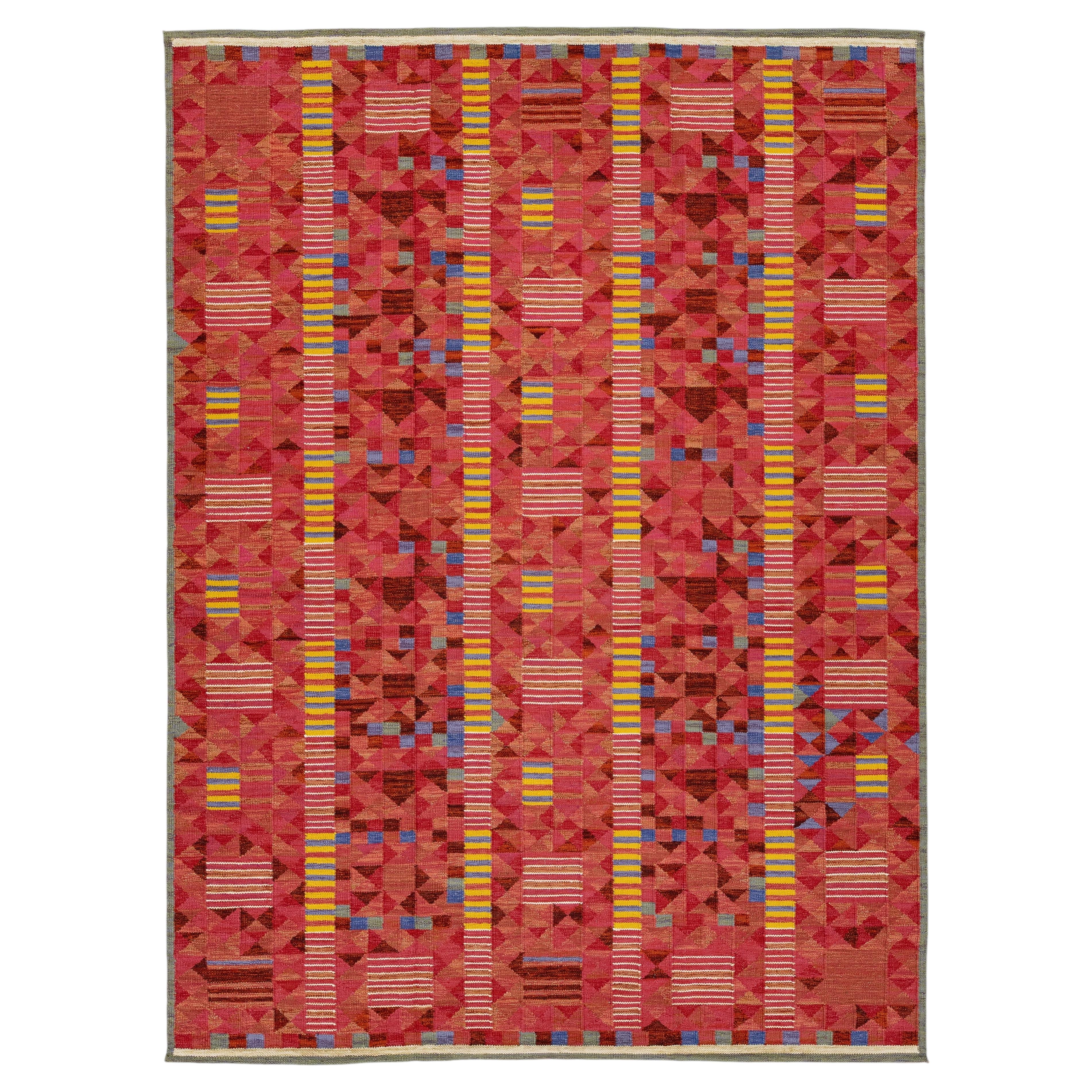 Geometrischer Terrakotta-Kilim-Teppich Modernes Flachgewebe aus Wolle im schwedischen Stil 10x14 im Angebot