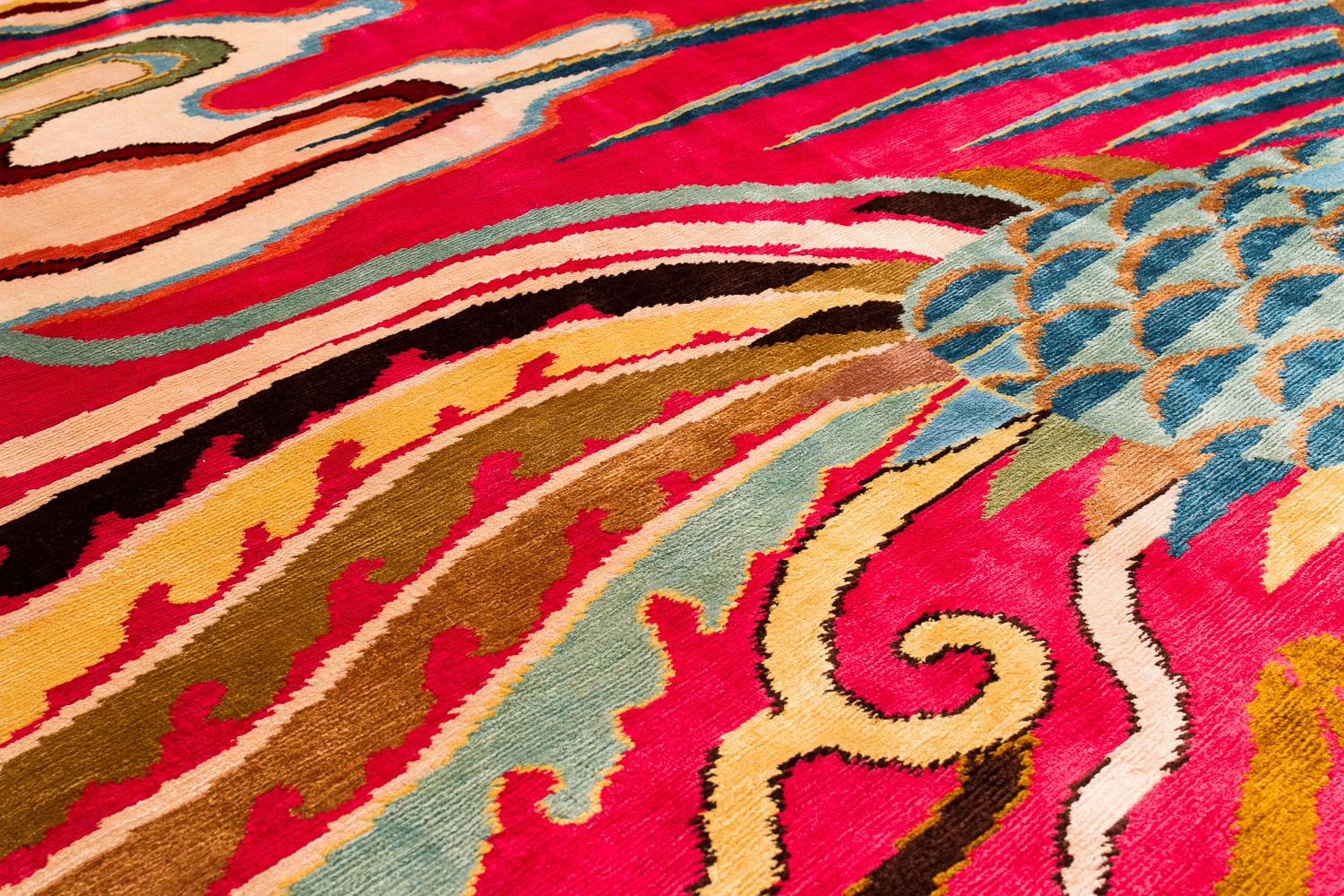 Nepalese Vibrant Tibetan Silk Phoenix Rug
