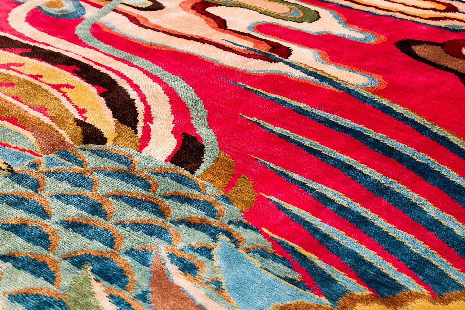 Hand-Knotted Vibrant Tibetan Silk Phoenix Rug