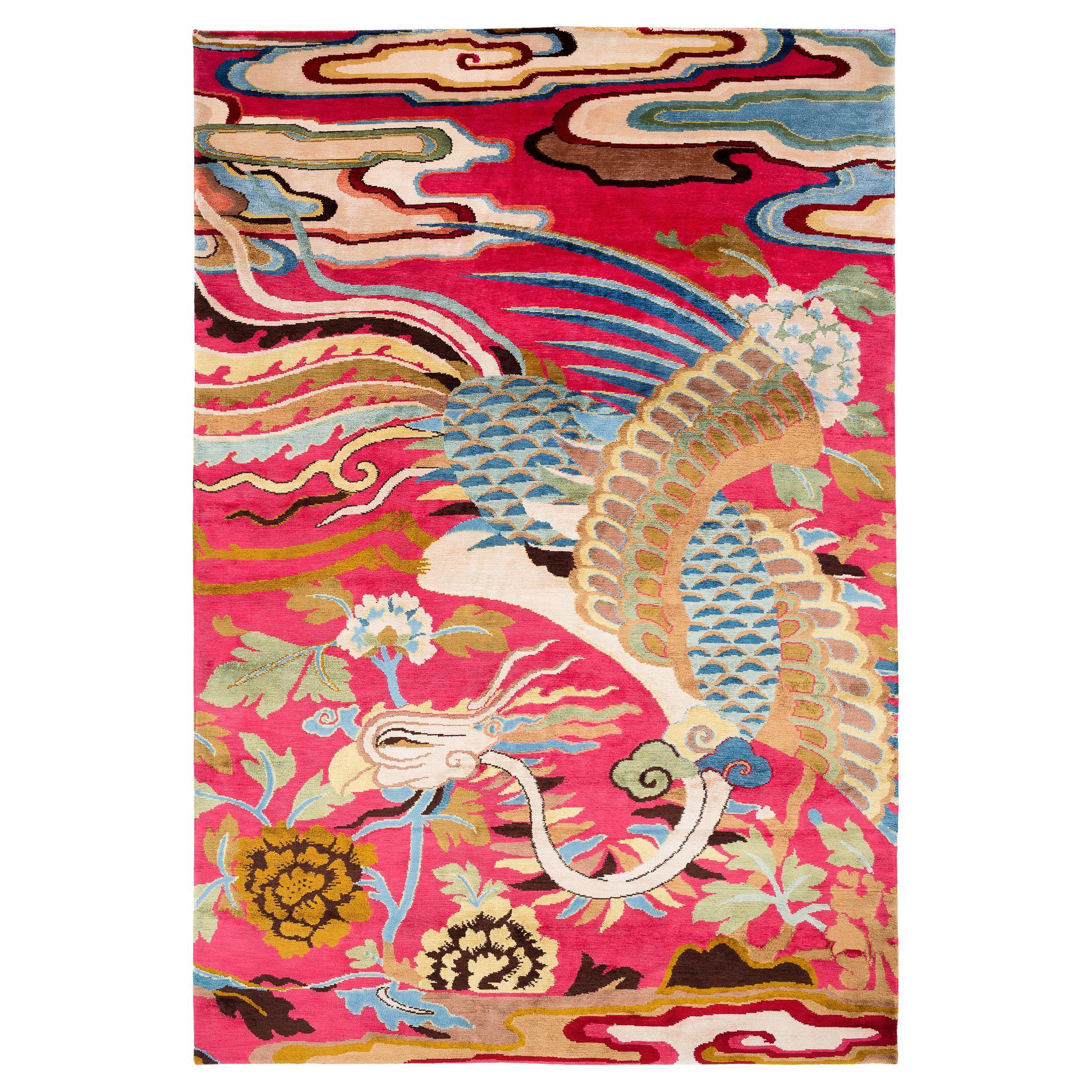 Vibrant Tibetan Silk Phoenix Rug