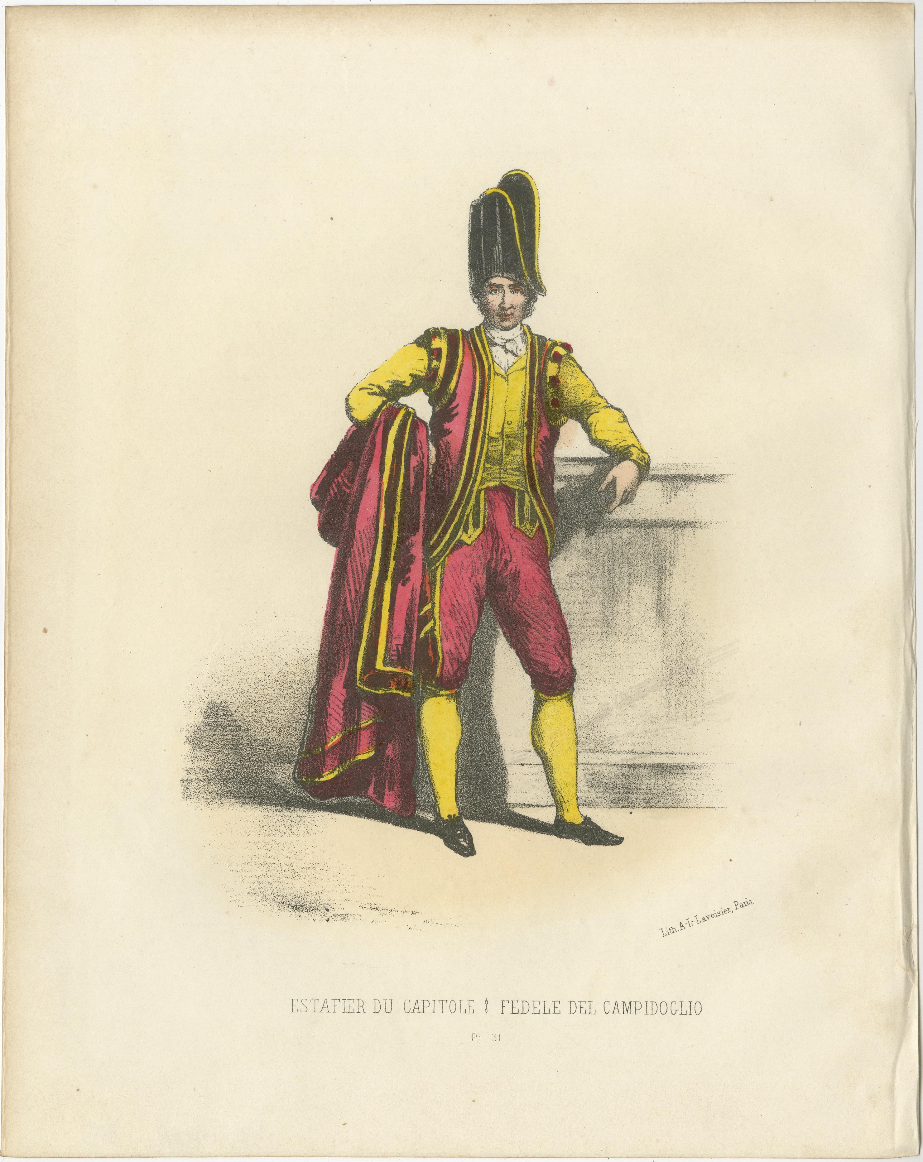 Vibrant Tradition: Handcolored Print of the Capitoline Estafier, Plate 31, 1862  
  
This striking handcolored lithograph, Vibrant Tradition, is Plate 31 from the 1862 second edition of Album ou Collection Complète, et Historique des Costumes de la