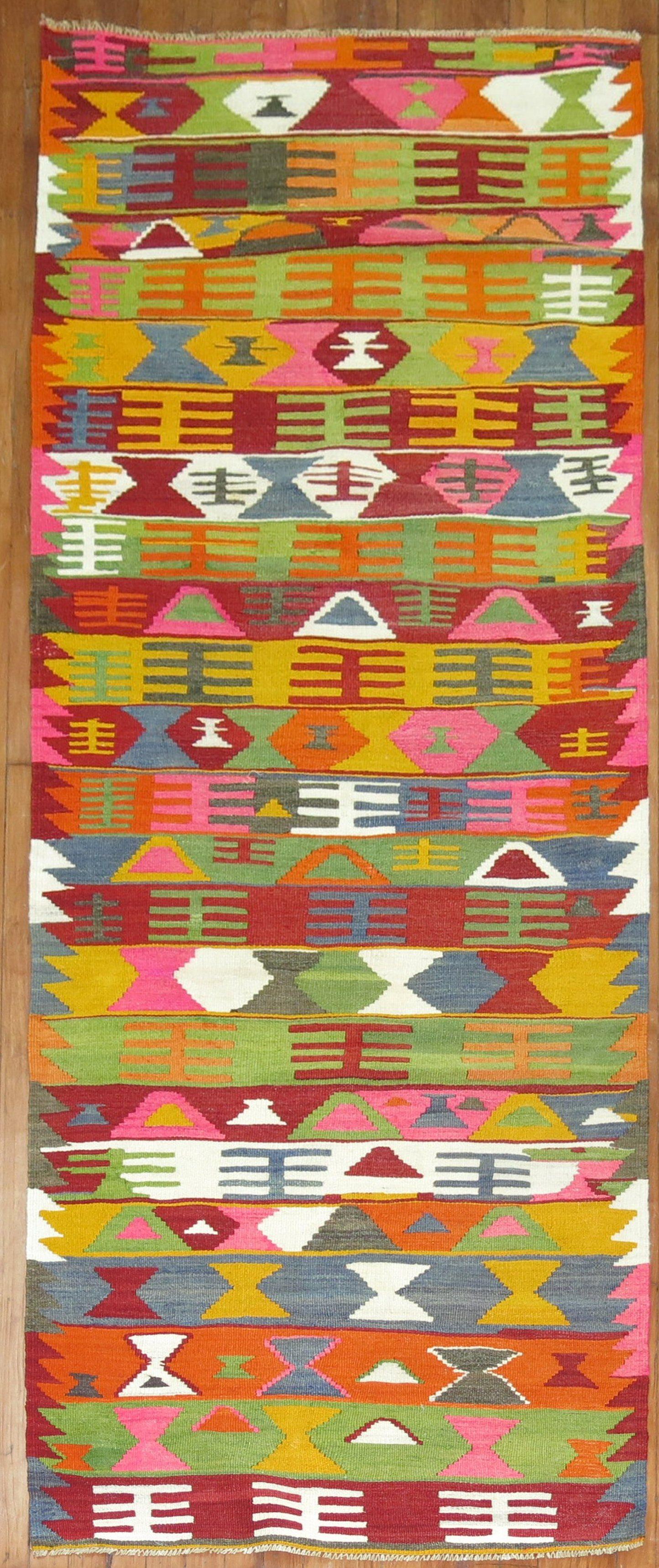 Hand-Knotted Vibrant Turkish 9 Foot Kilim Runner, Mid-20th Century