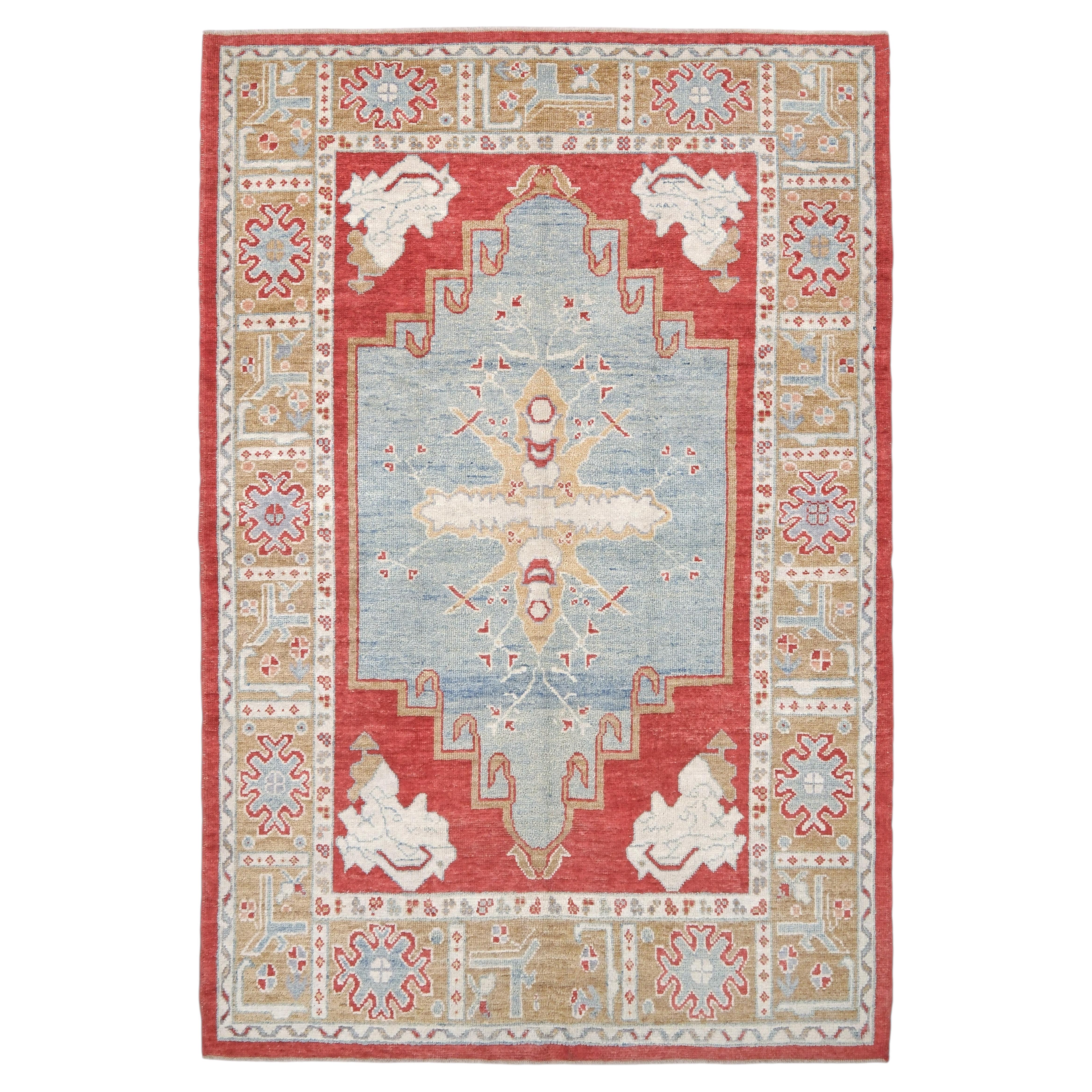 Vibrant Turkish Oushak Rug • Light Blue & Coral Red Handmade Wool Carpet 7x10