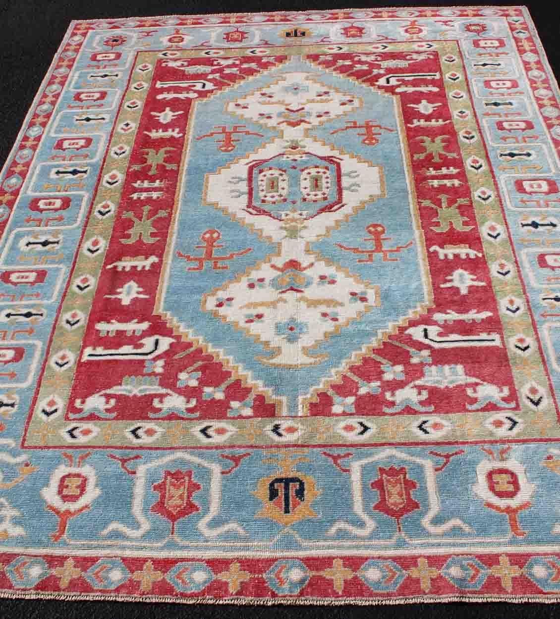 Vibrant Turkish Rug with Colorful and Bright Medallion and Geometric Design 3
