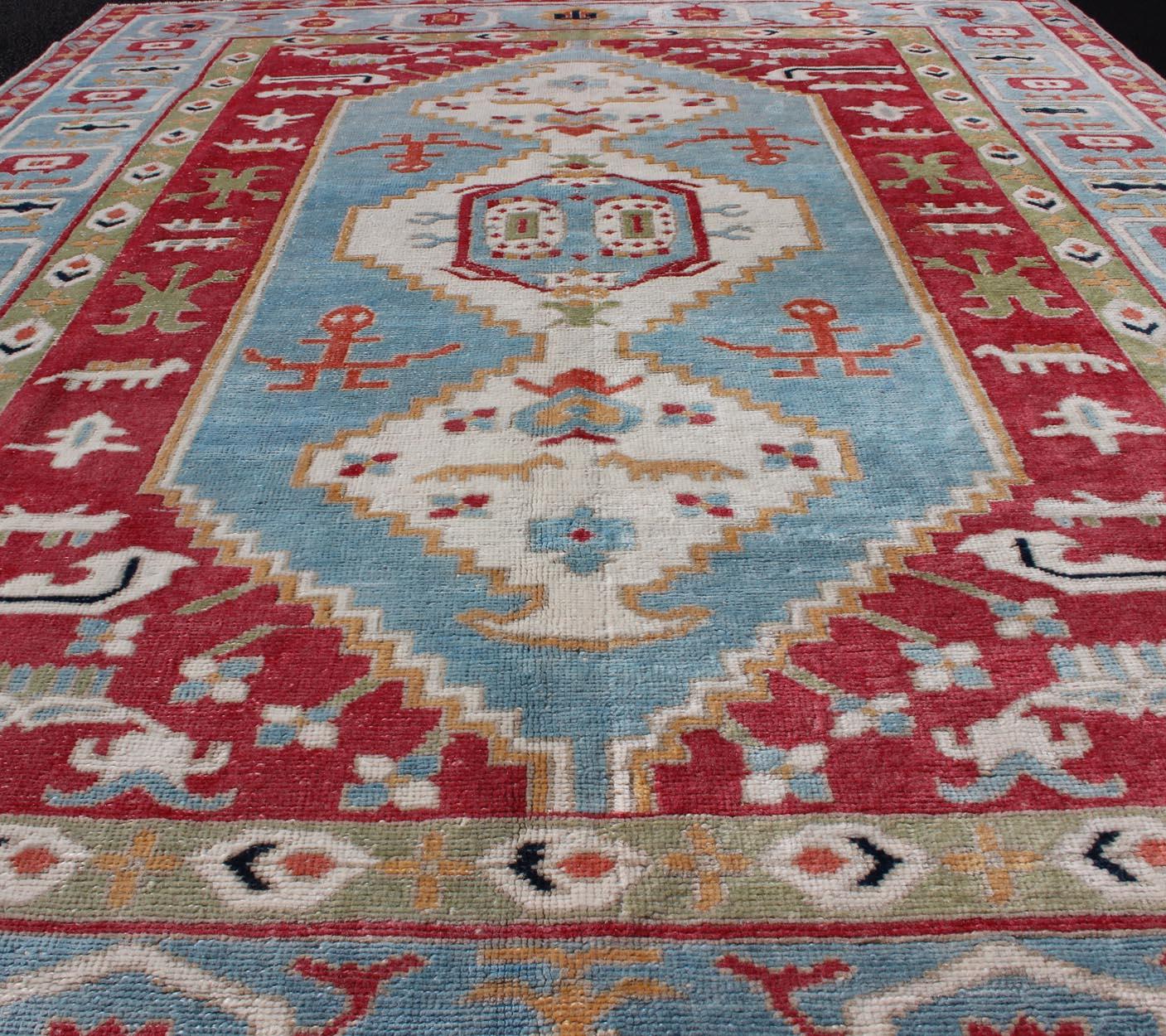 Vibrant Turkish Rug with Colorful and Bright Medallion and Geometric Design 4