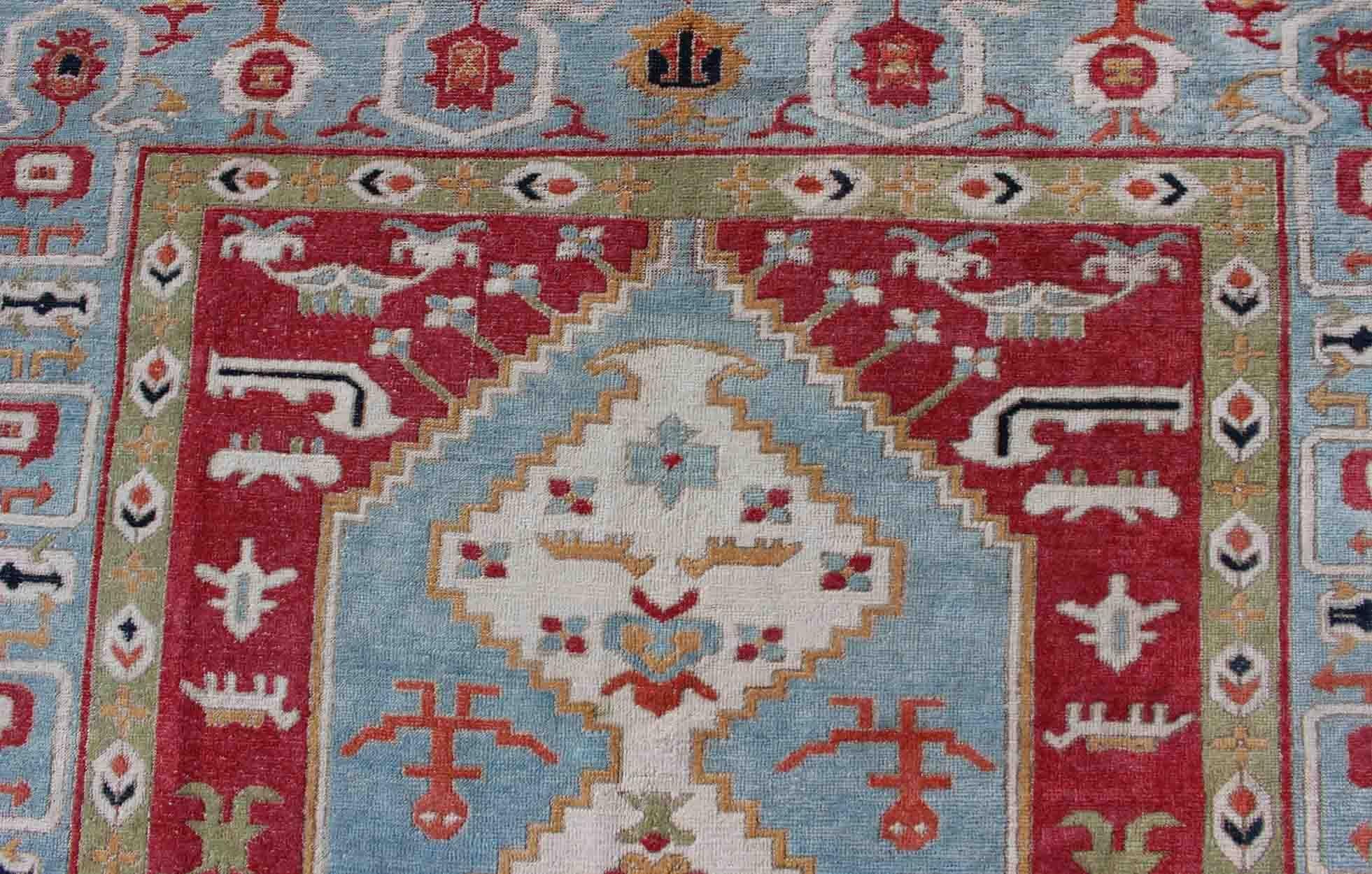 Vibrant Turkish Rug with Colorful and Bright Medallion and Geometric Design 6