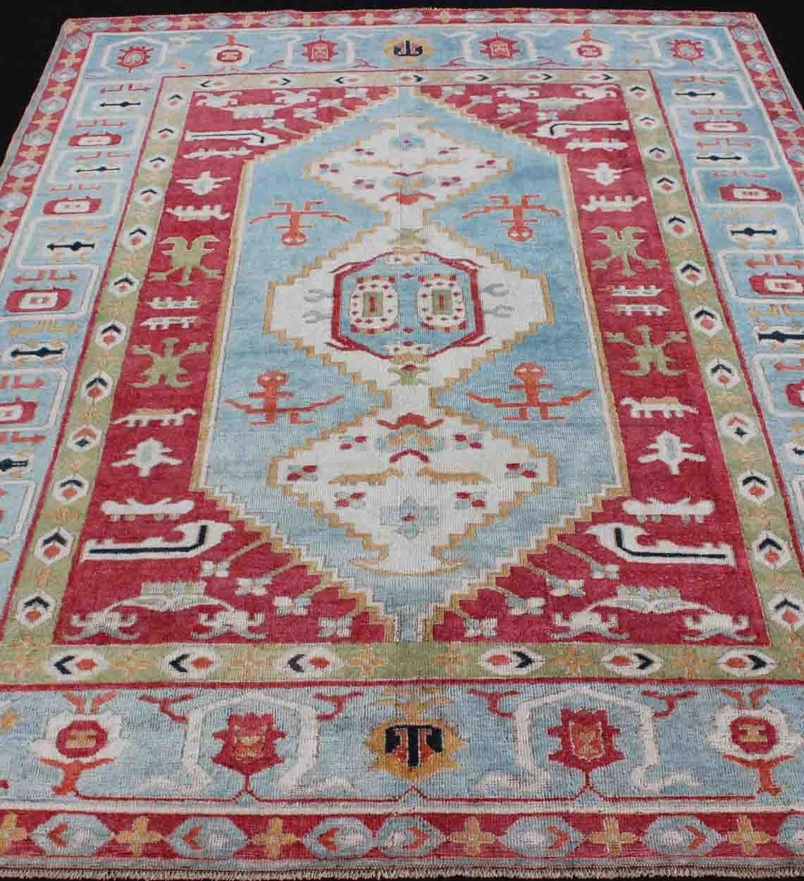 Vibrant Turkish Rug with Colorful and Bright Medallion and Geometric Design 7
