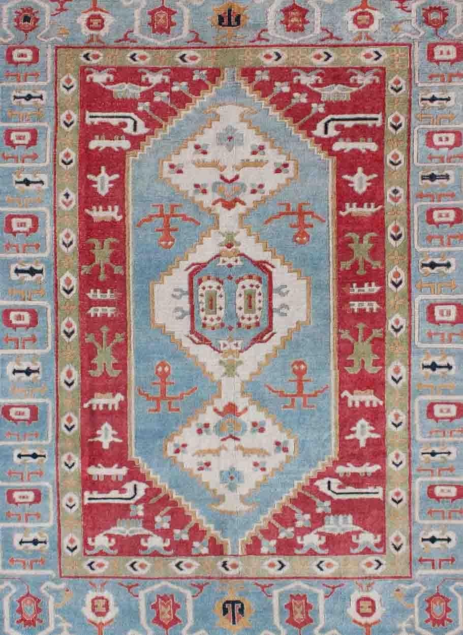 Oushak Vibrant Turkish Rug with Colorful and Bright Medallion and Geometric Design