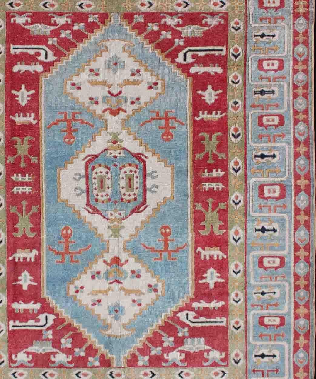 Hand-Knotted Vibrant Turkish Rug with Colorful and Bright Medallion and Geometric Design