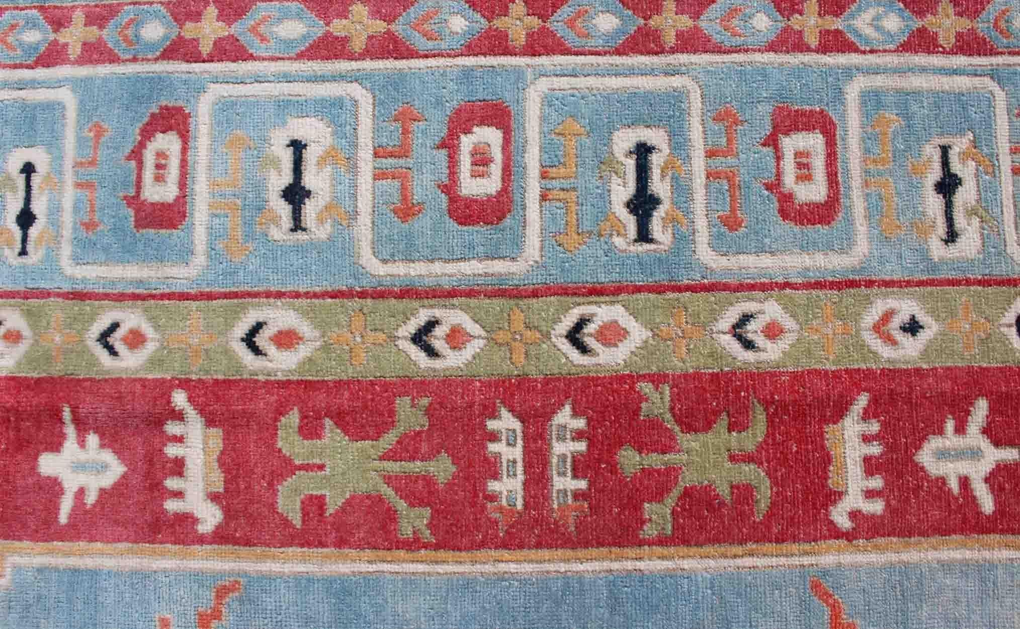 Wool Vibrant Turkish Rug with Colorful and Bright Medallion and Geometric Design