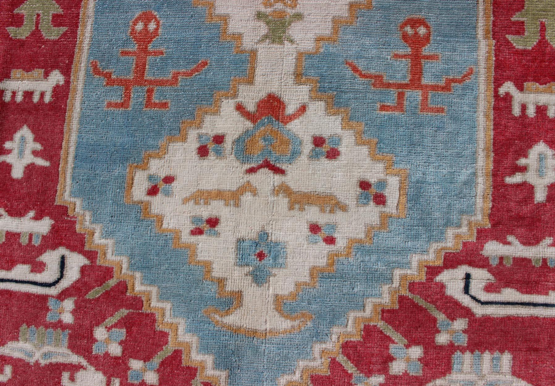 Vibrant Turkish Rug with Colorful and Bright Medallion and Geometric Design 1
