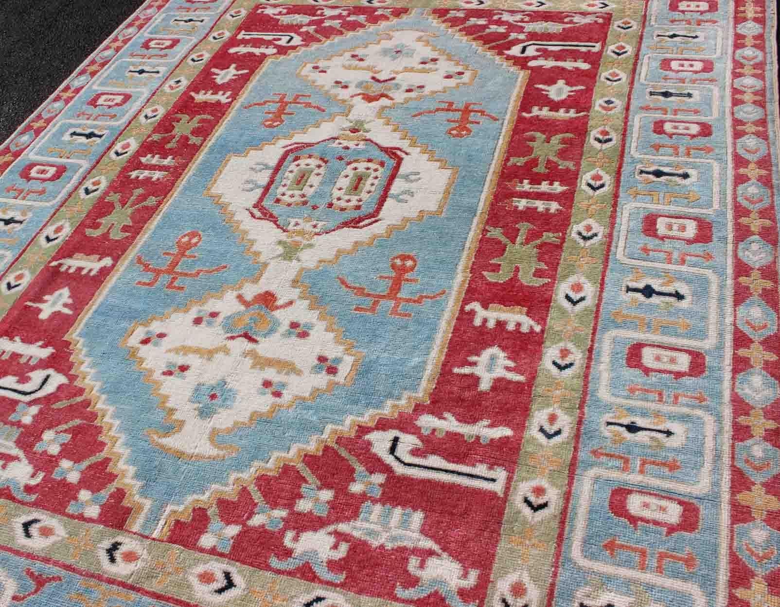 Vibrant Turkish Rug with Colorful and Bright Medallion and Geometric Design 2