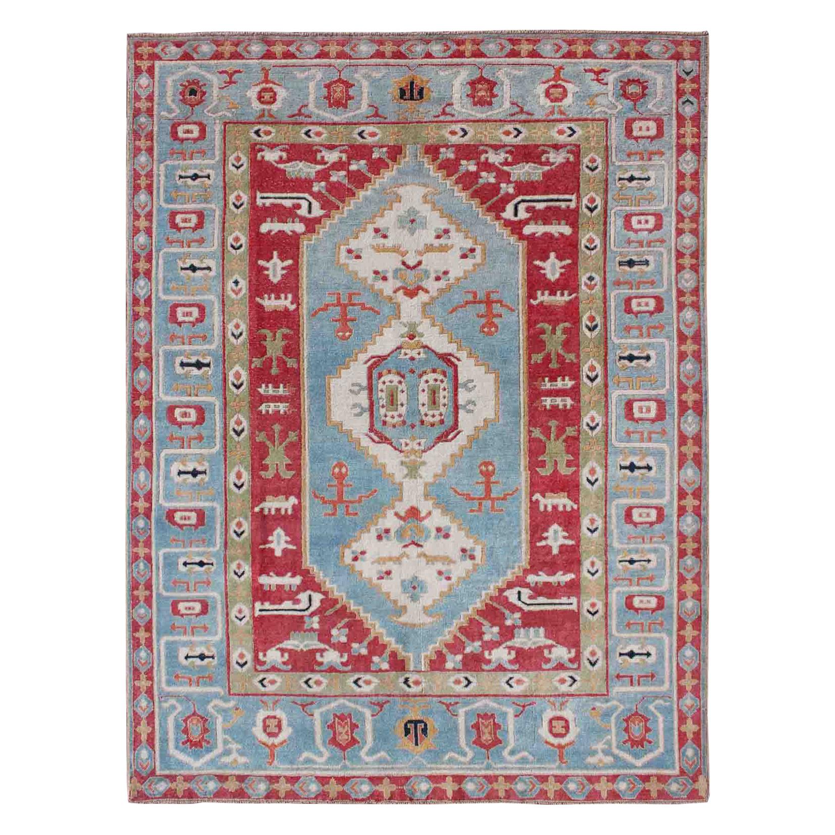 Vibrant Turkish Rug with Colorful and Bright Medallion and Geometric Design