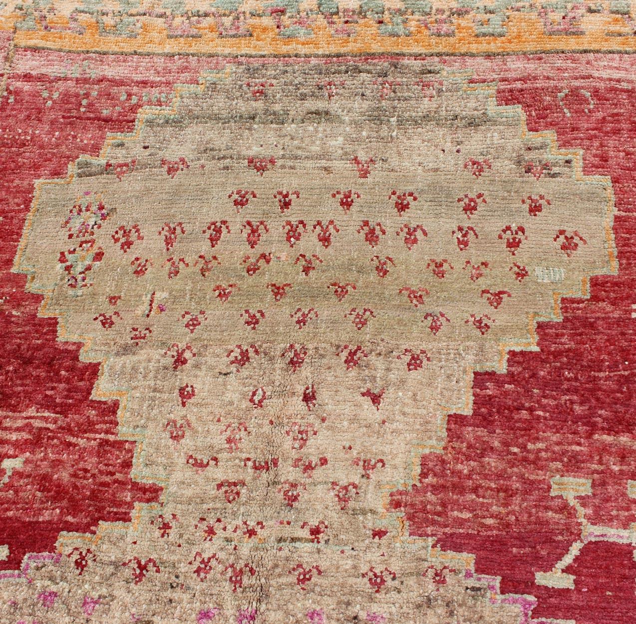 Wool Vibrant Turkish Vintage Runner in Faded Red, Coral, Orange, Pink and Green For Sale