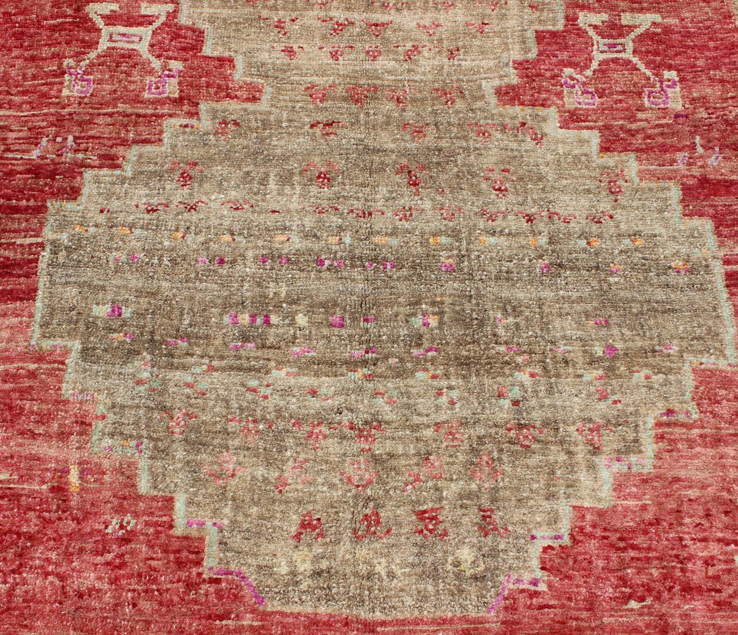 Vibrant Turkish Vintage Runner in Faded Red, Coral, Orange, Pink and Green For Sale 1