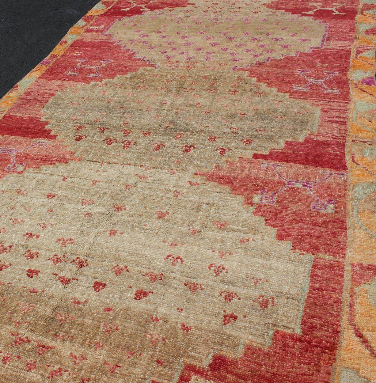 Vibrant Turkish Vintage Runner in Faded Red, Coral, Orange, Pink and Green For Sale 2