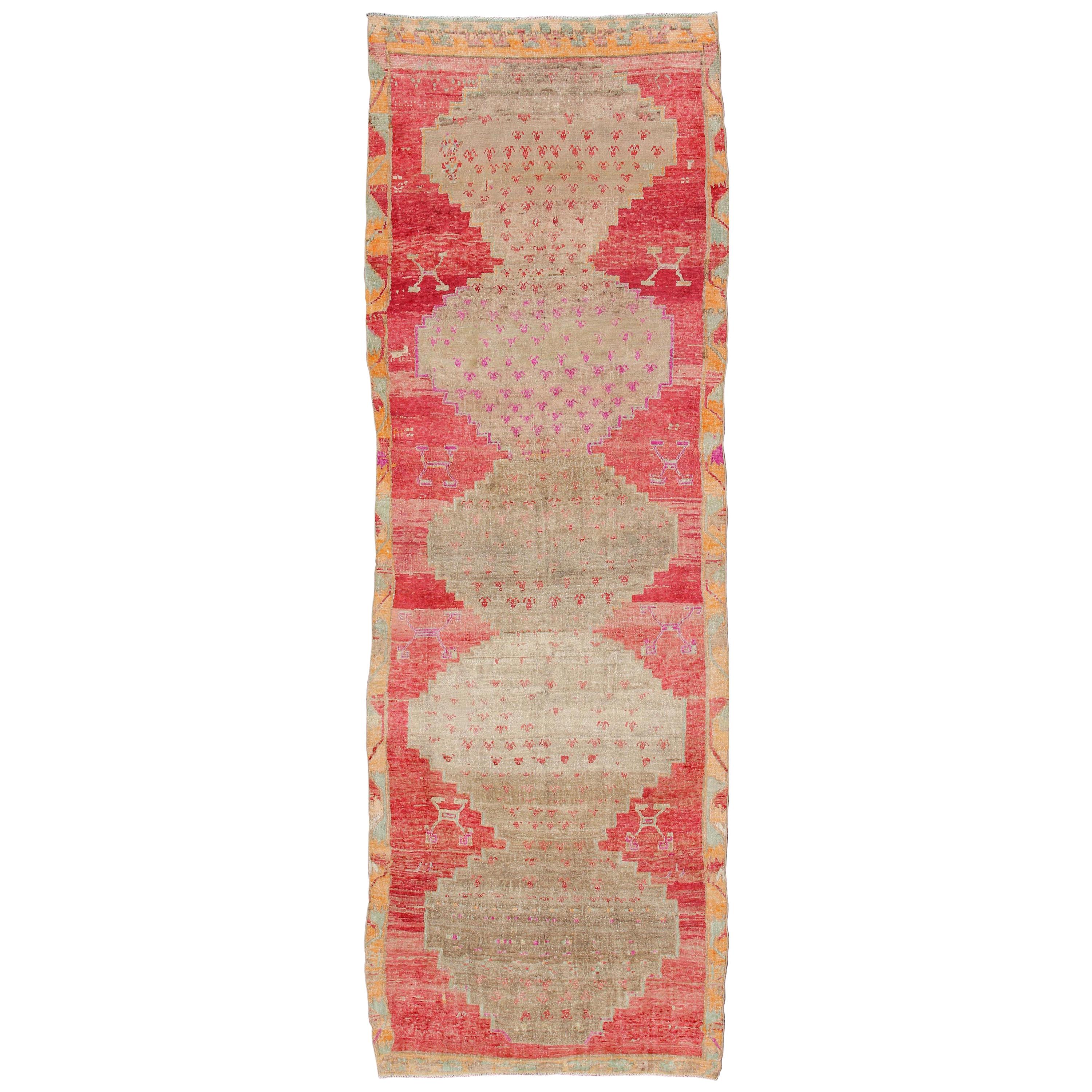 Vibrant Turkish Vintage Runner in Faded Red, Coral, Orange, Pink and Green For Sale