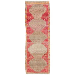 Vibrant Turkish Vintage Runner in Faded Red, Coral, Orange, Pink and Green