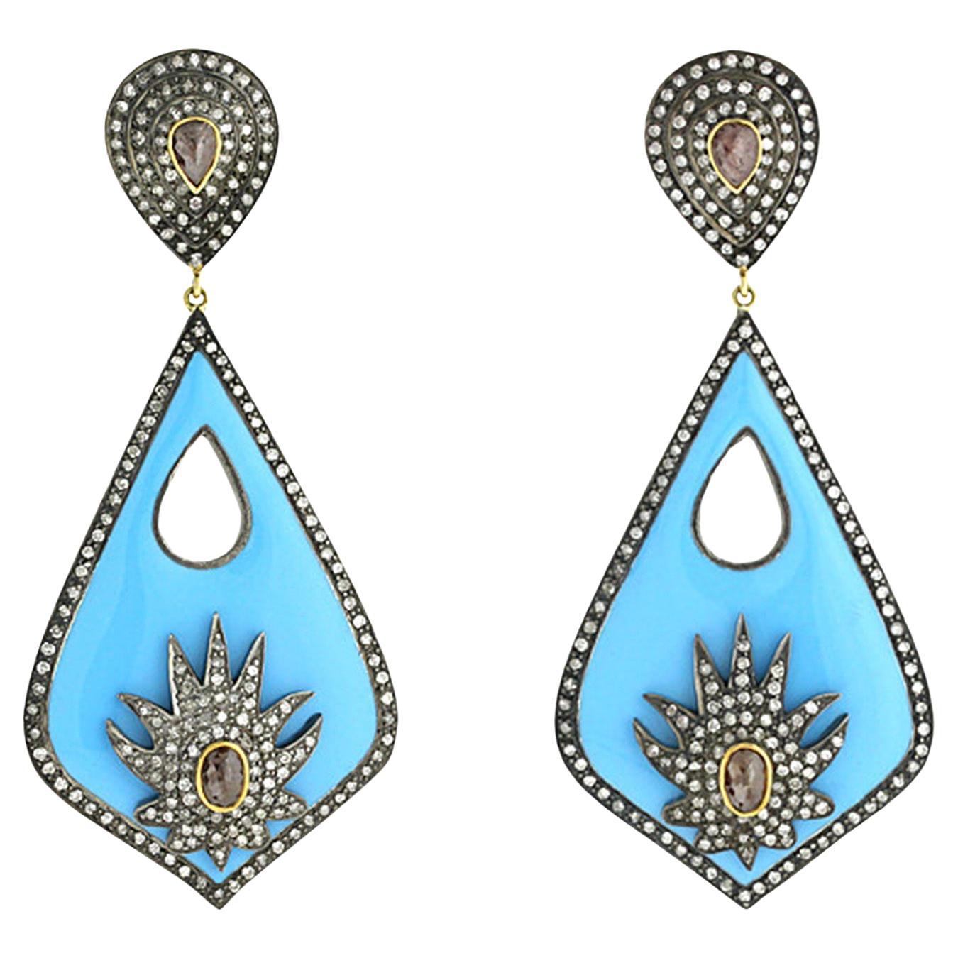 Lebendige Türkis-Emaille 
Pave-Diamant-Schild-Ohrringe im Angebot