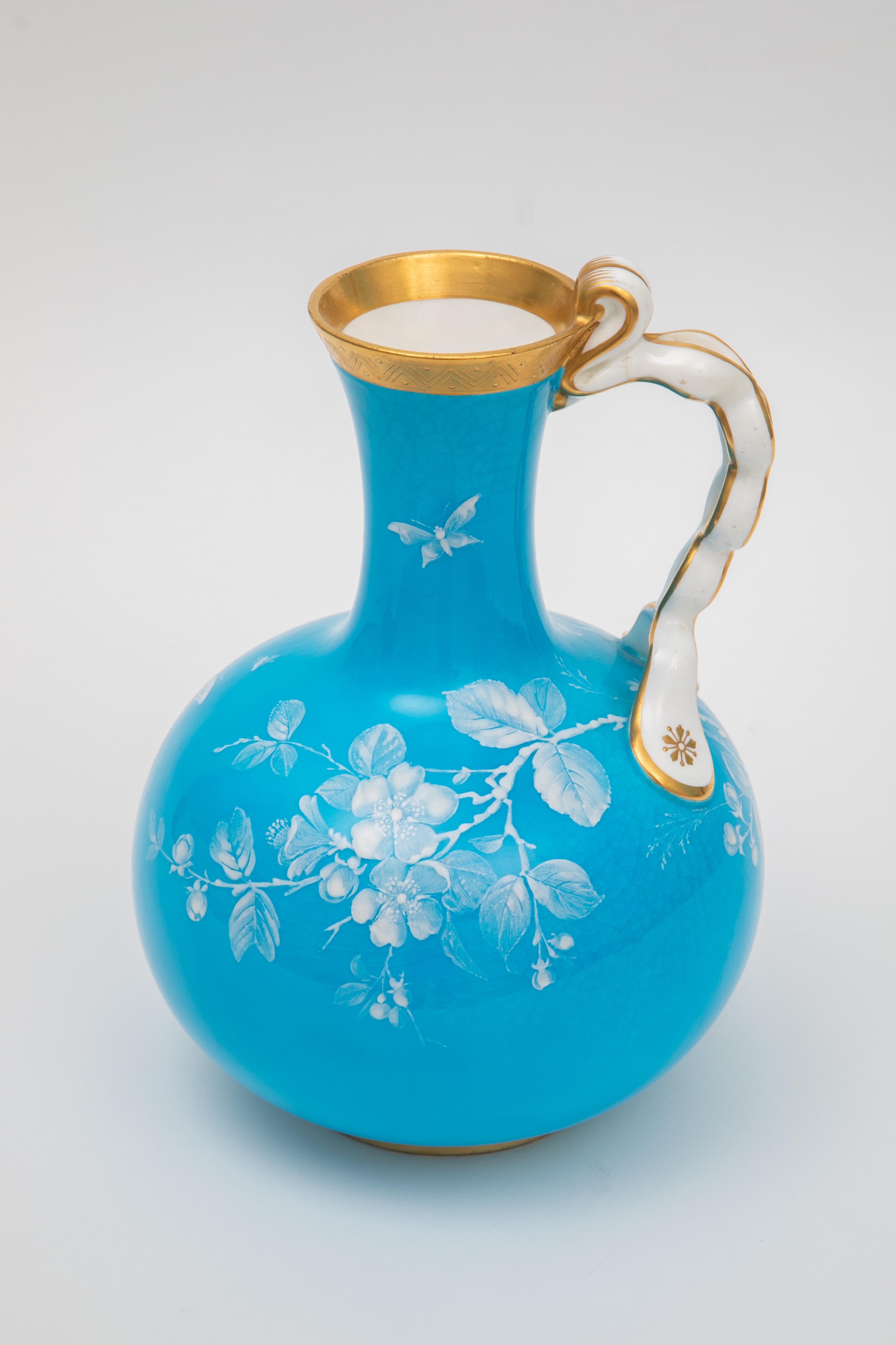 Late Victorian Vibrant Turquoise Mintons England Vase, Hand Enamel Twist Handle Detail C. 1880