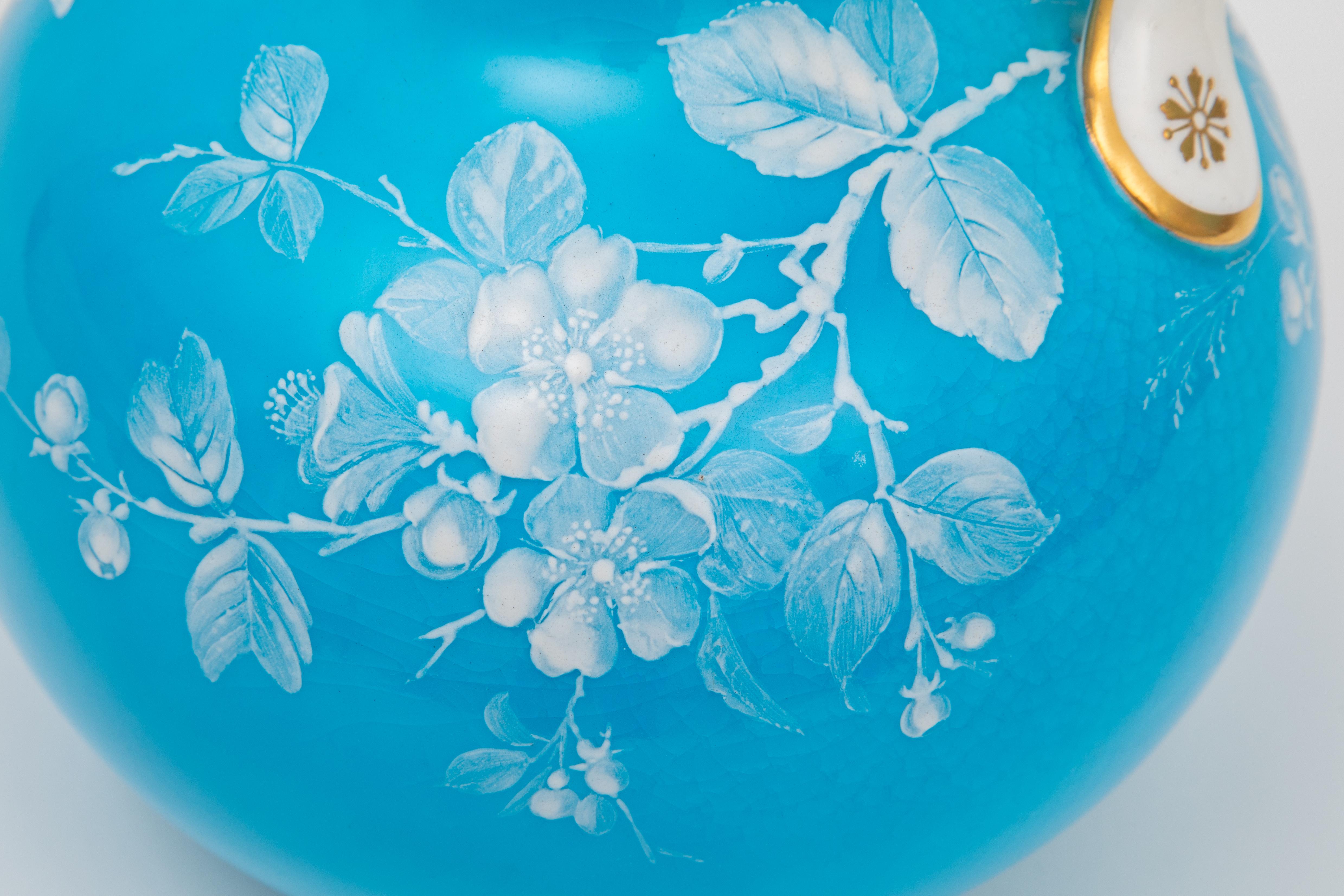 British Vibrant Turquoise Mintons England Vase, Hand Enamel Twist Handle Detail C. 1880