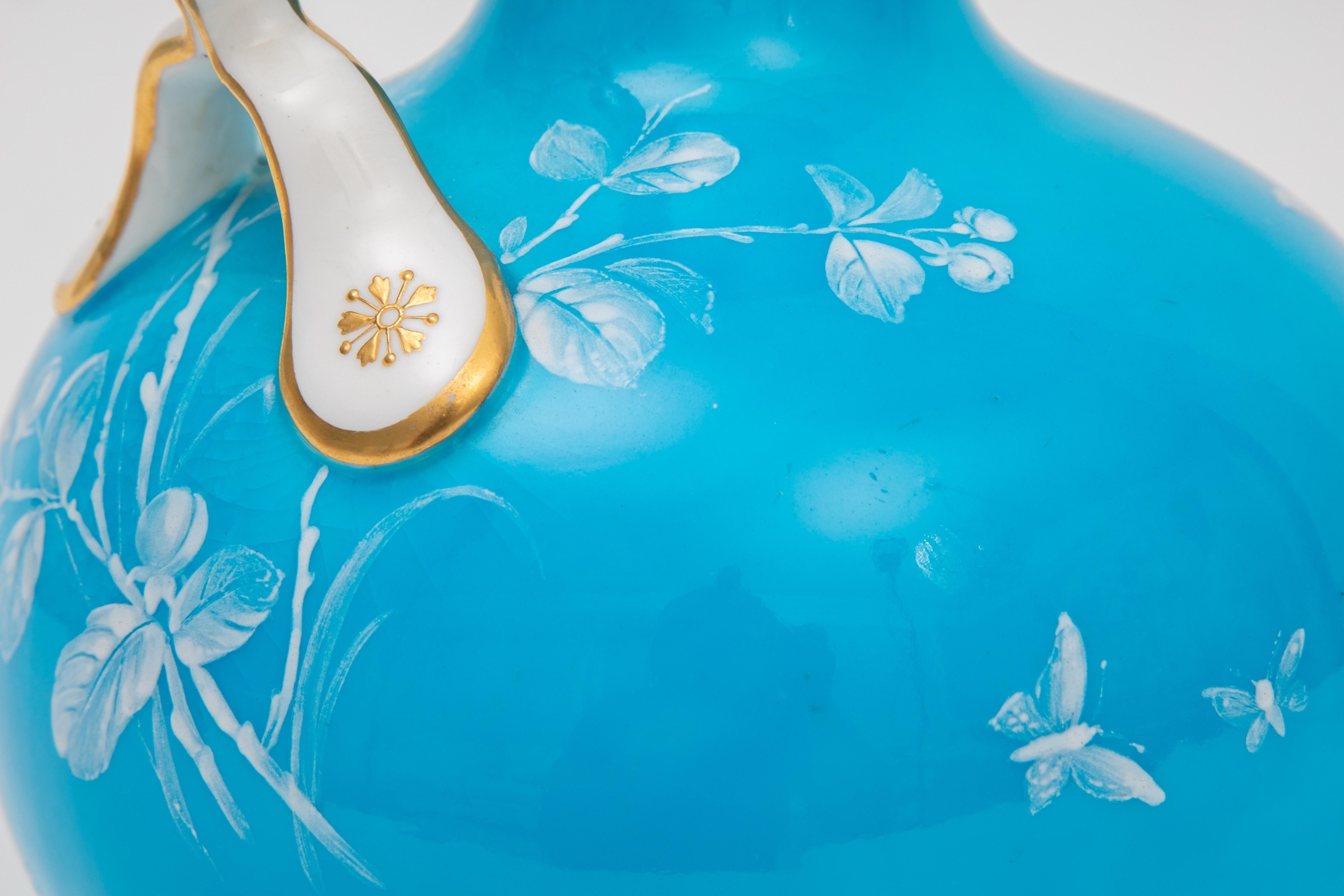 Hand-Crafted Vibrant Turquoise Mintons England Vase, Hand Enamel Twist Handle Detail C. 1880