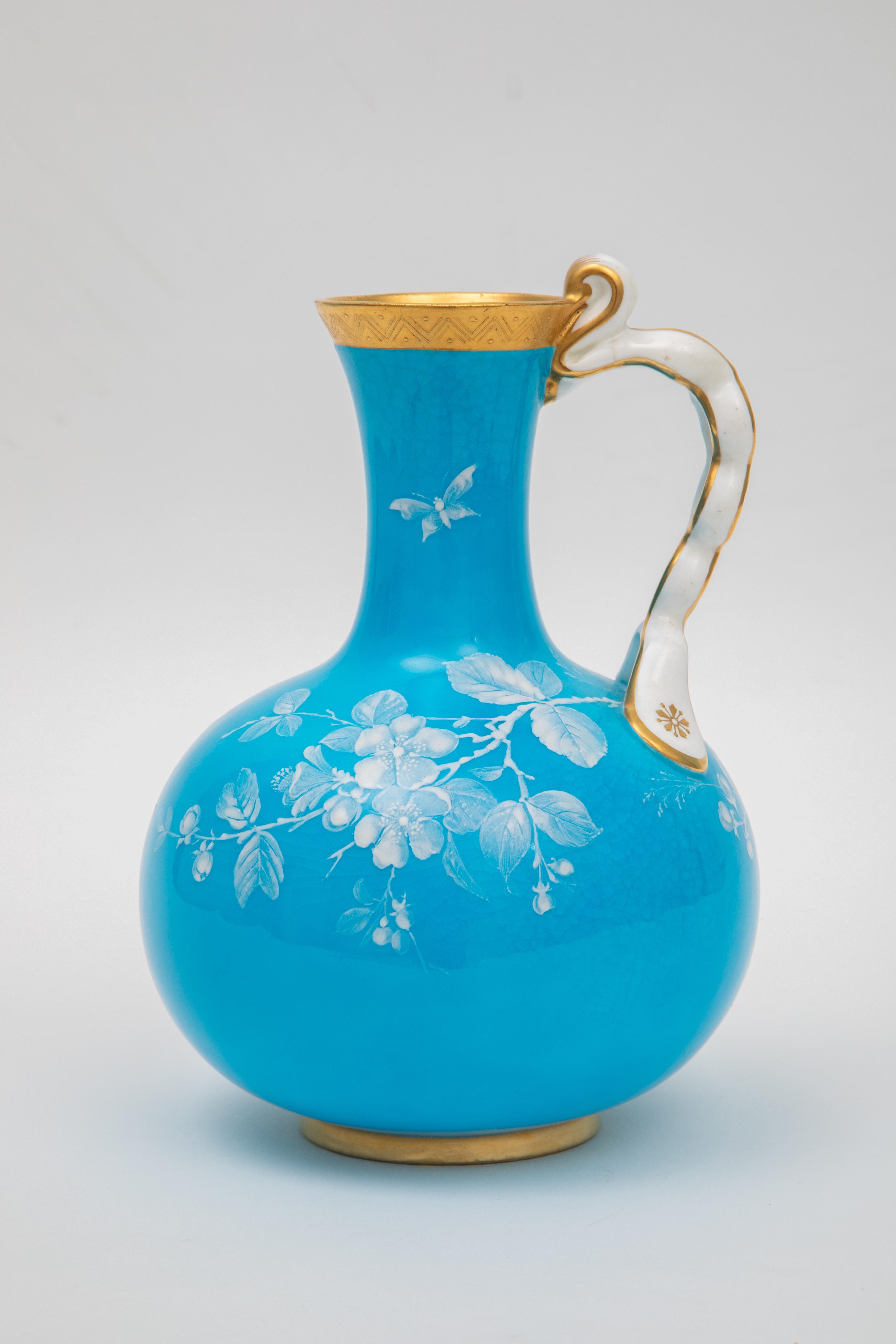 Vibrant Turquoise Mintons England Vase, Hand Enamel Twist Handle Detail C. 1880 In Good Condition In West Palm Beach, FL