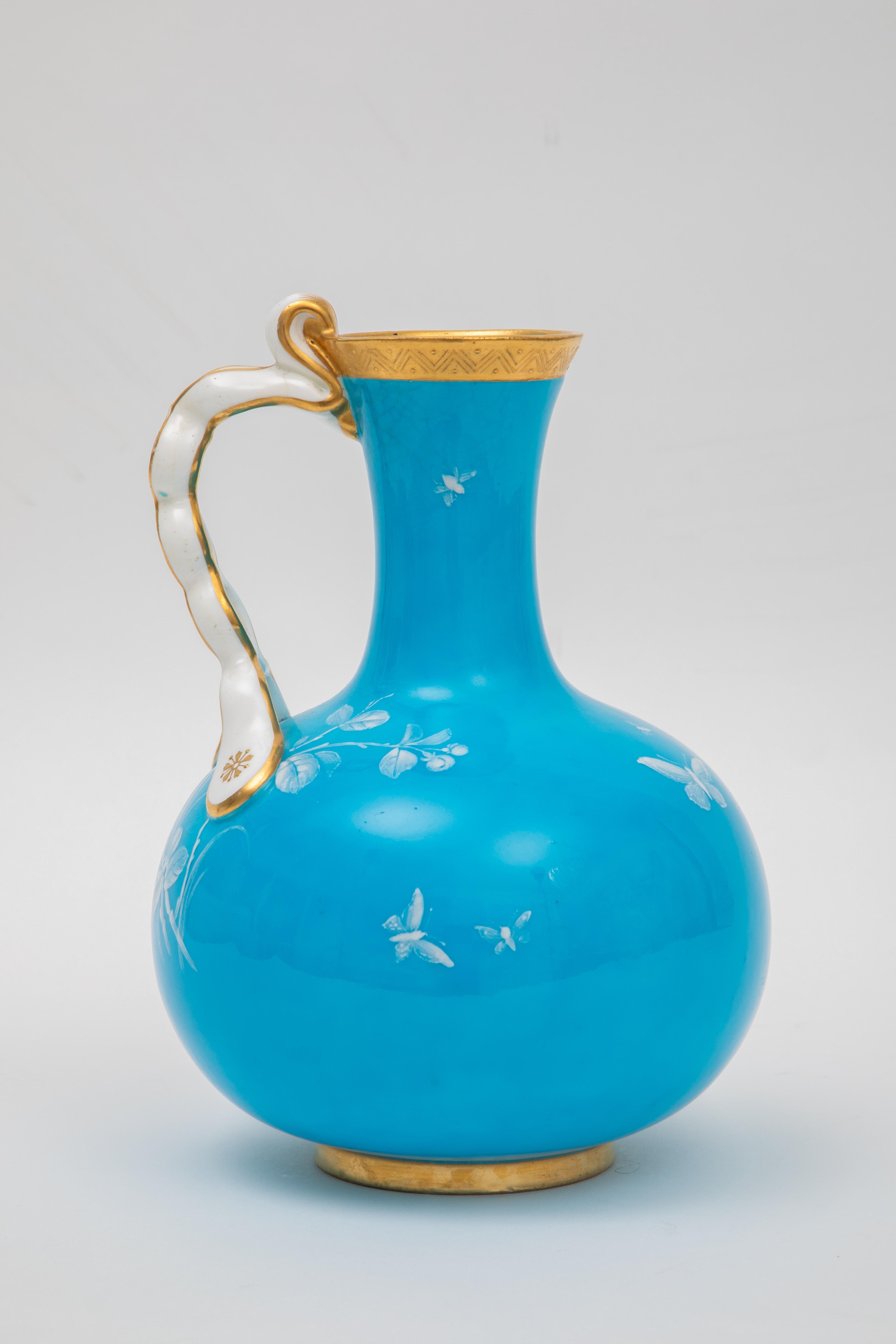 Late 19th Century Vibrant Turquoise Mintons England Vase, Hand Enamel Twist Handle Detail C. 1880
