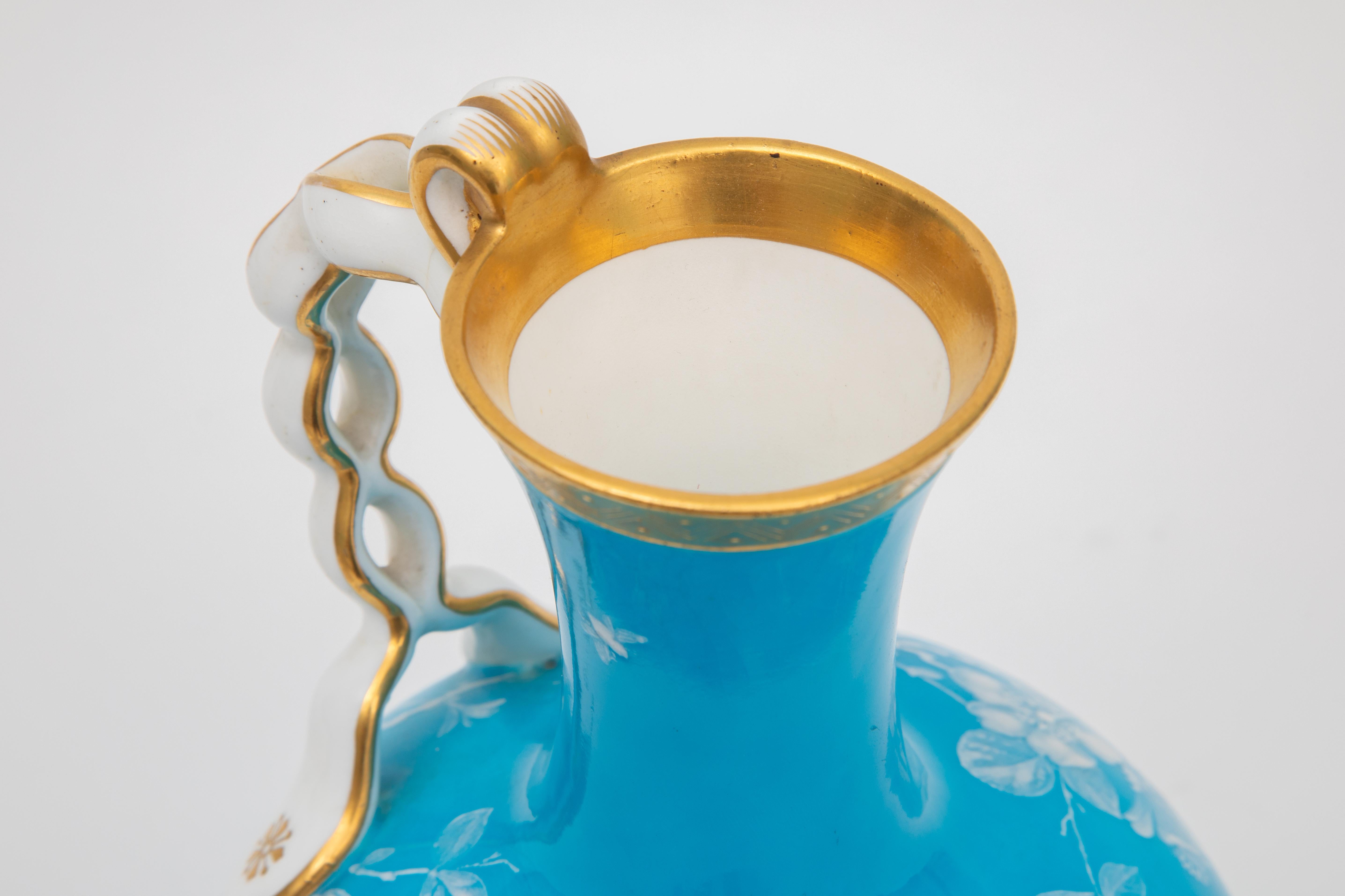Gold Vibrant Turquoise Mintons England Vase, Hand Enamel Twist Handle Detail C. 1880