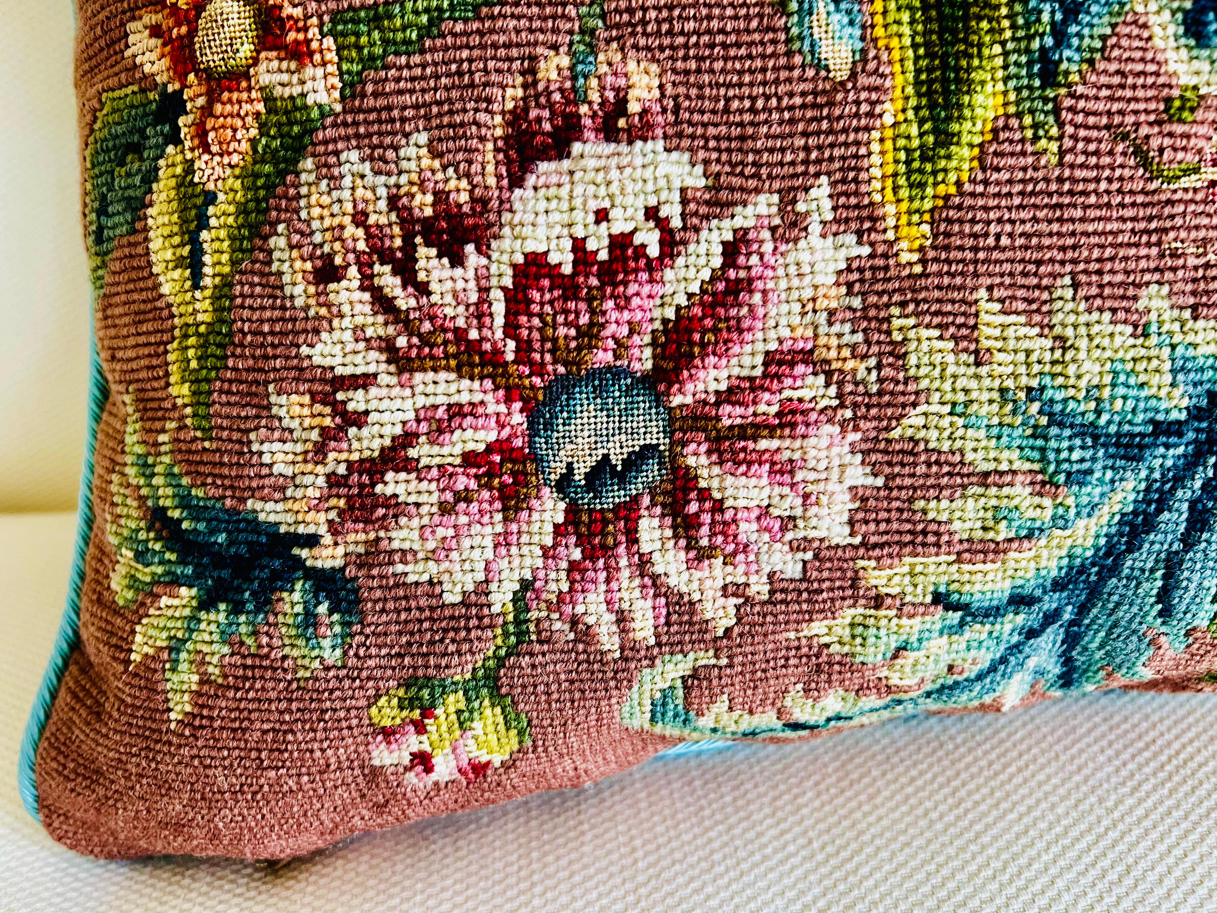 Vibrant Vintage Floral Needlepoint Pillow/Cushion In Good Condition In West Palm Beach, FL