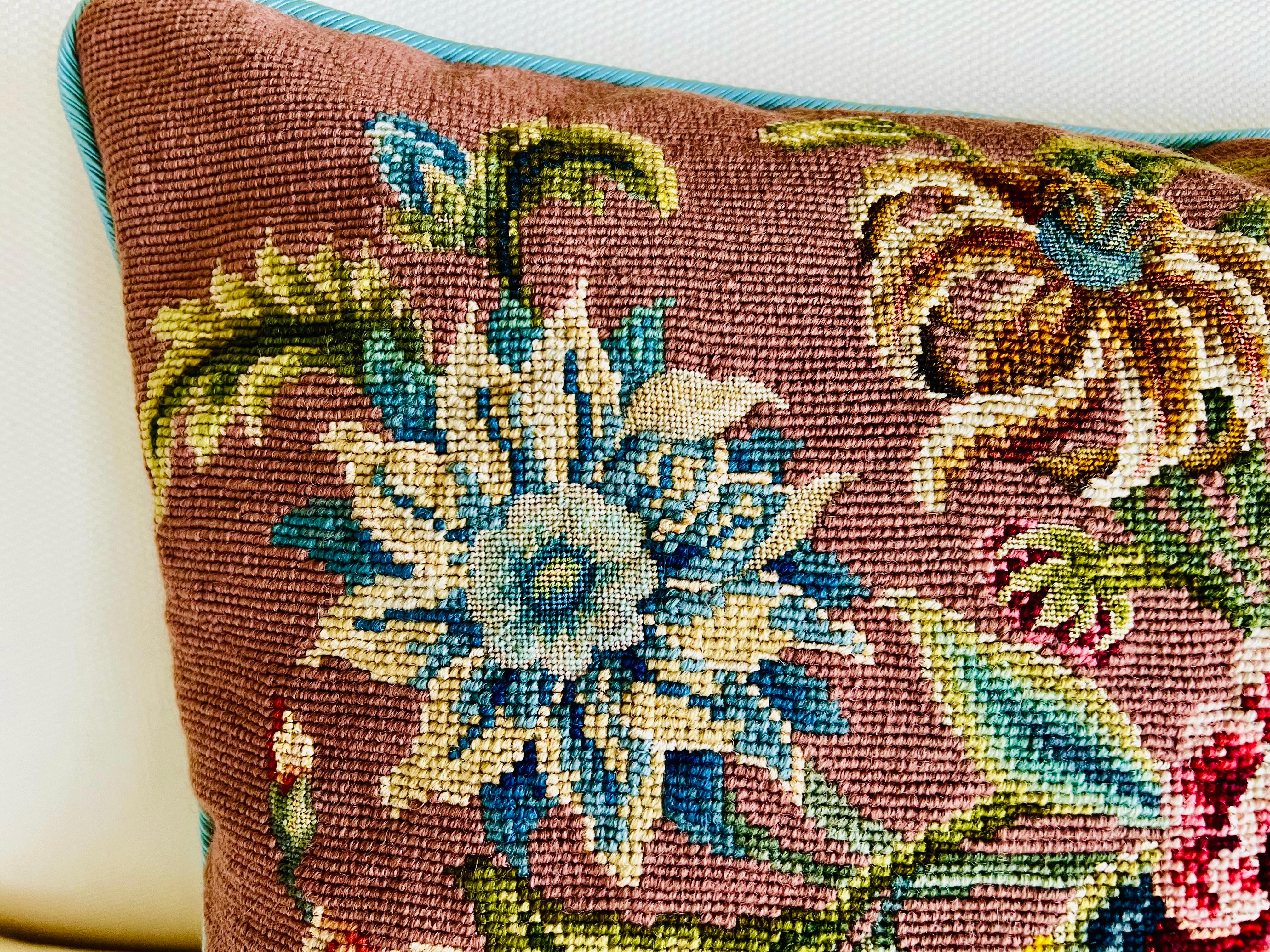 Mid-20th Century Vibrant Vintage Floral Needlepoint Pillow/Cushion