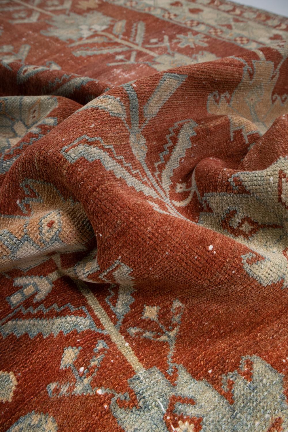 Age: 1920

Colors: tomato, light blue, tan

Pile: low

Wear Notes: 1

Material: wool on cotton

One of our favorite runners, this stand out Malayer features a spectacular rich tomato filed and a contrasting design in blue and tan. Upon close