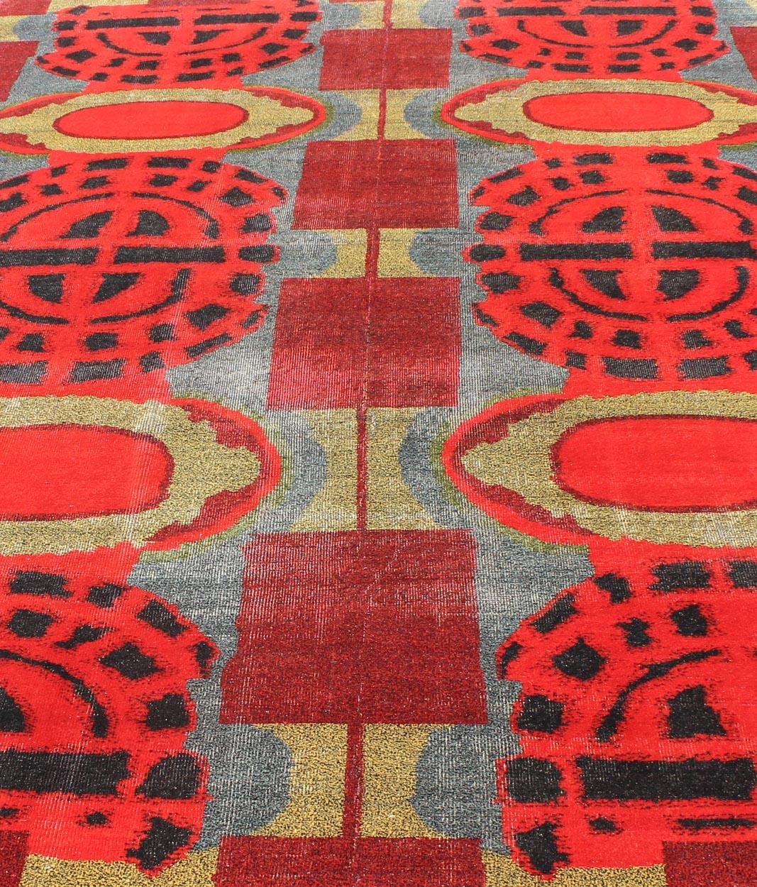 Vibrant Vintage Rug with Mid-Century Modern and Geometric Design For Sale 4