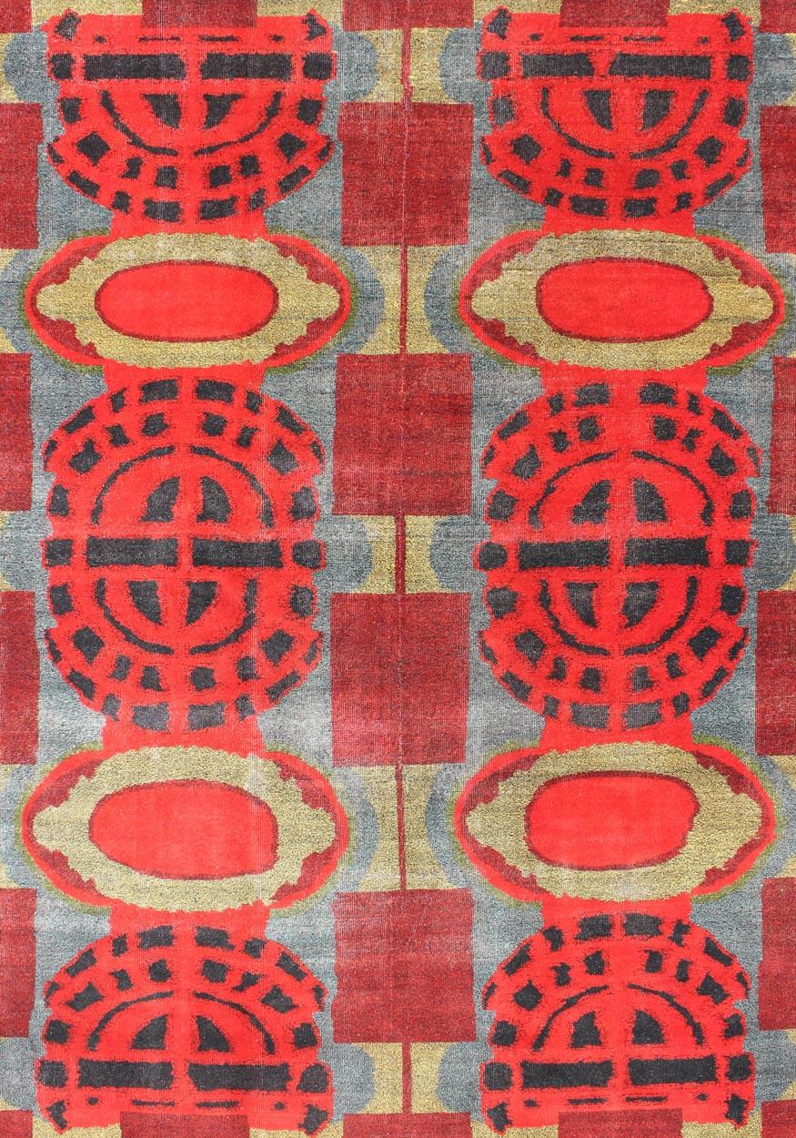 Turkish Vibrant Vintage Rug with Mid-Century Modern and Geometric Design For Sale