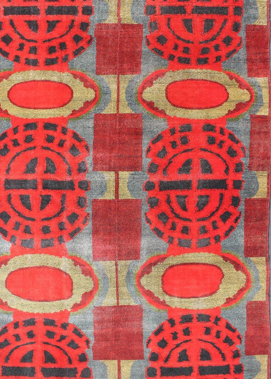 Hand-Knotted Vibrant Vintage Rug with Mid-Century Modern and Geometric Design For Sale