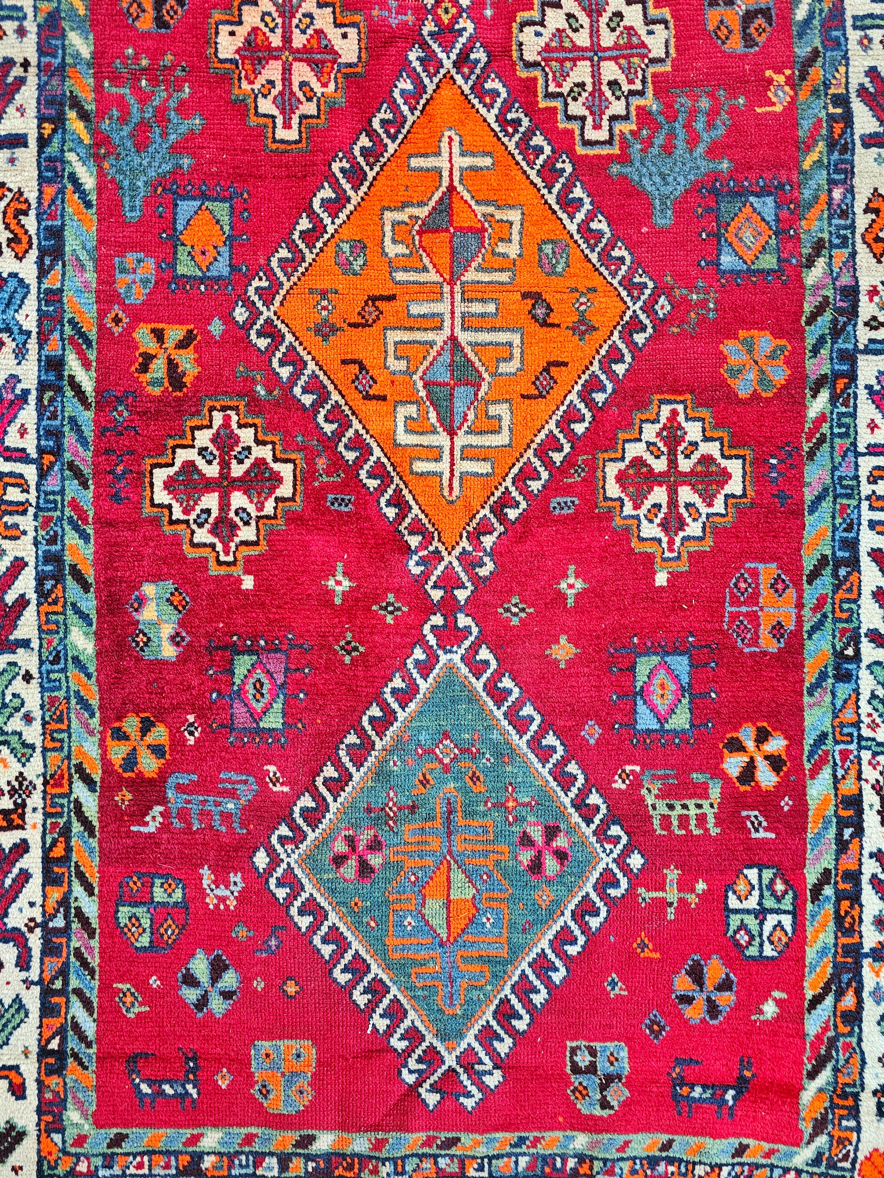 Laine Vibrant tapis Shiraz vintage, noué à la main. 100% laine, Iran 1950s en vente