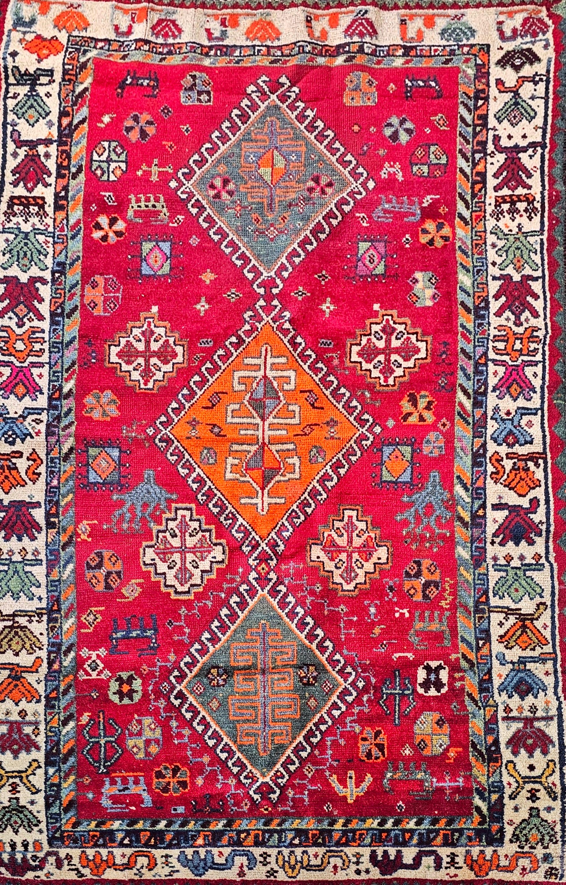 Vibrant tapis Shiraz vintage, noué à la main. 100% laine, Iran 1950s en vente 1