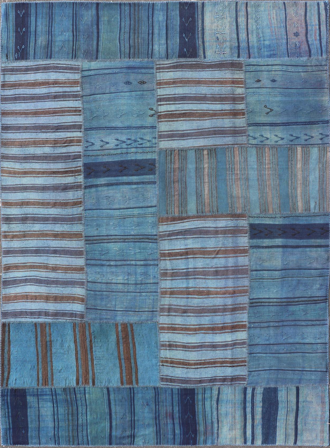 Vibrant Vintage Turkish Kilim Rug In Rich Blue With Patchwork Design 10'0 x 14'4